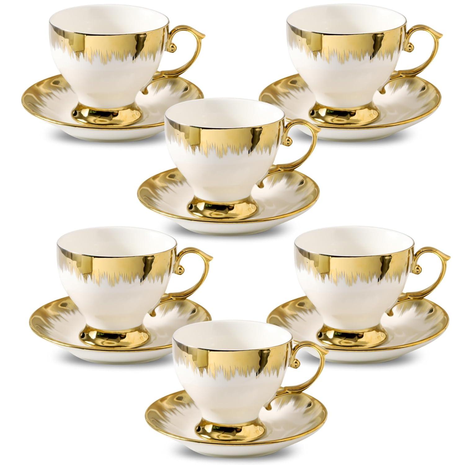 FAST APPLIANCES LLC Cappuccino Cups With Saucers, 7 Oz Porcelain Double Espresso Cups Set, Ceramic Turkish Coffee Cups With Trim, Tea Cups Set Of 6, Cafe Cups For Latte, Mocha, Au Lait