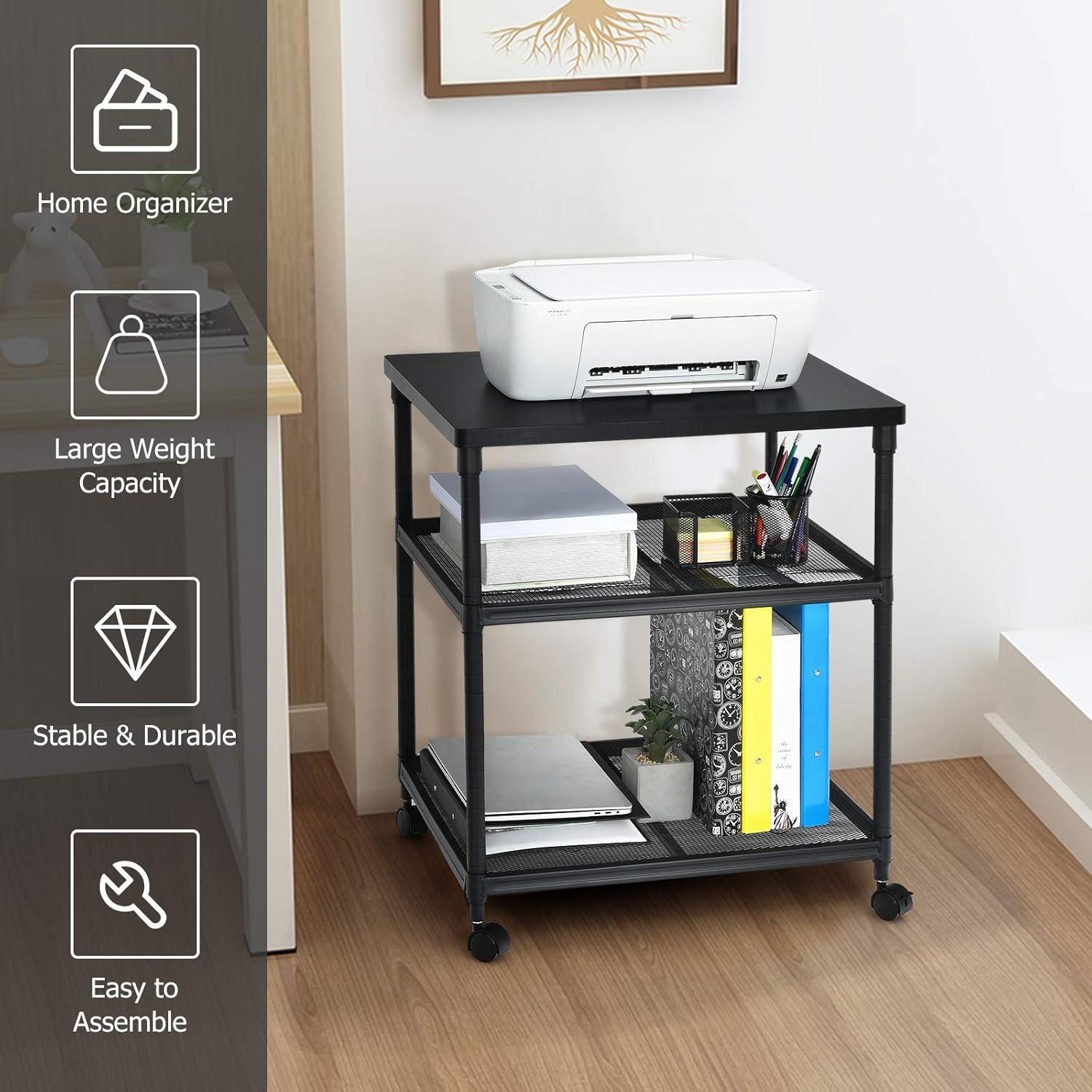 Costway 3-Tier Printer Stand Rolling Fax Cart with Adjustable Shelf & Swivel Wheel Brown/Black