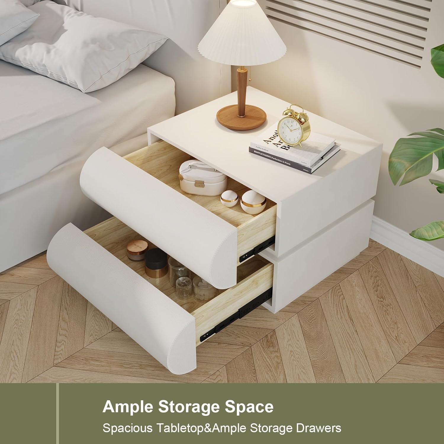 Wrought Studio™ Hasya White Nightstand with 2 Solid Wood Drawers, Leather Bedside Table for Bedroom, No Assembly Required