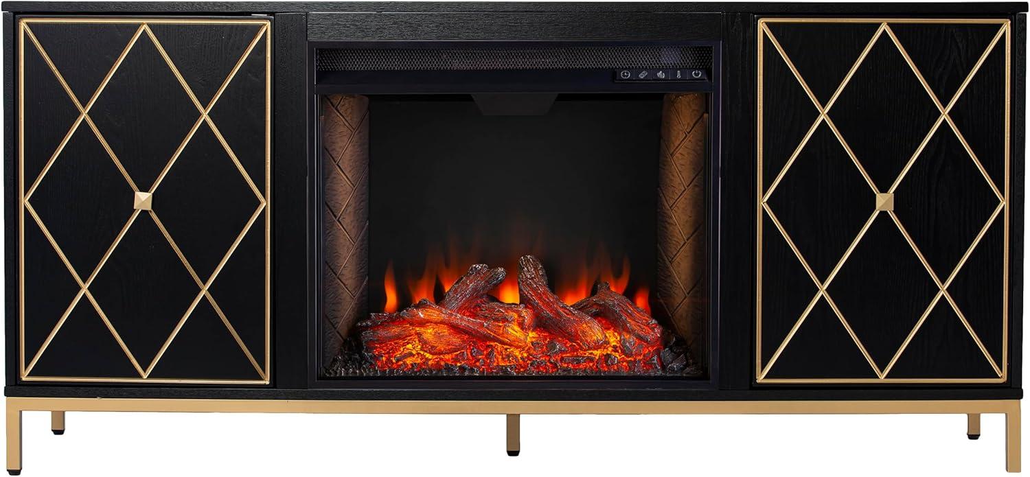 Black Electric Fireplace Media Console with Gold Accents