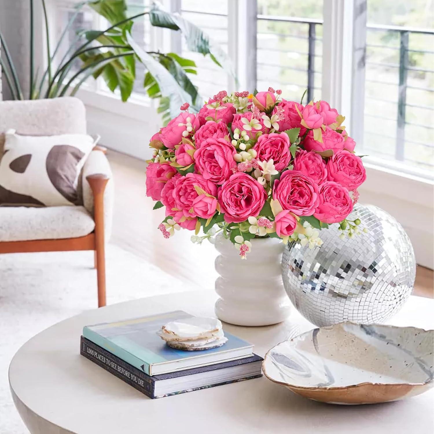 ASTRYAS 2Pcs Artificial Peony Flower Silk Peonies Fake Flowers for Decoration Faux Floral Arrangements for Home Wedding Party Decor (Hot Pink)