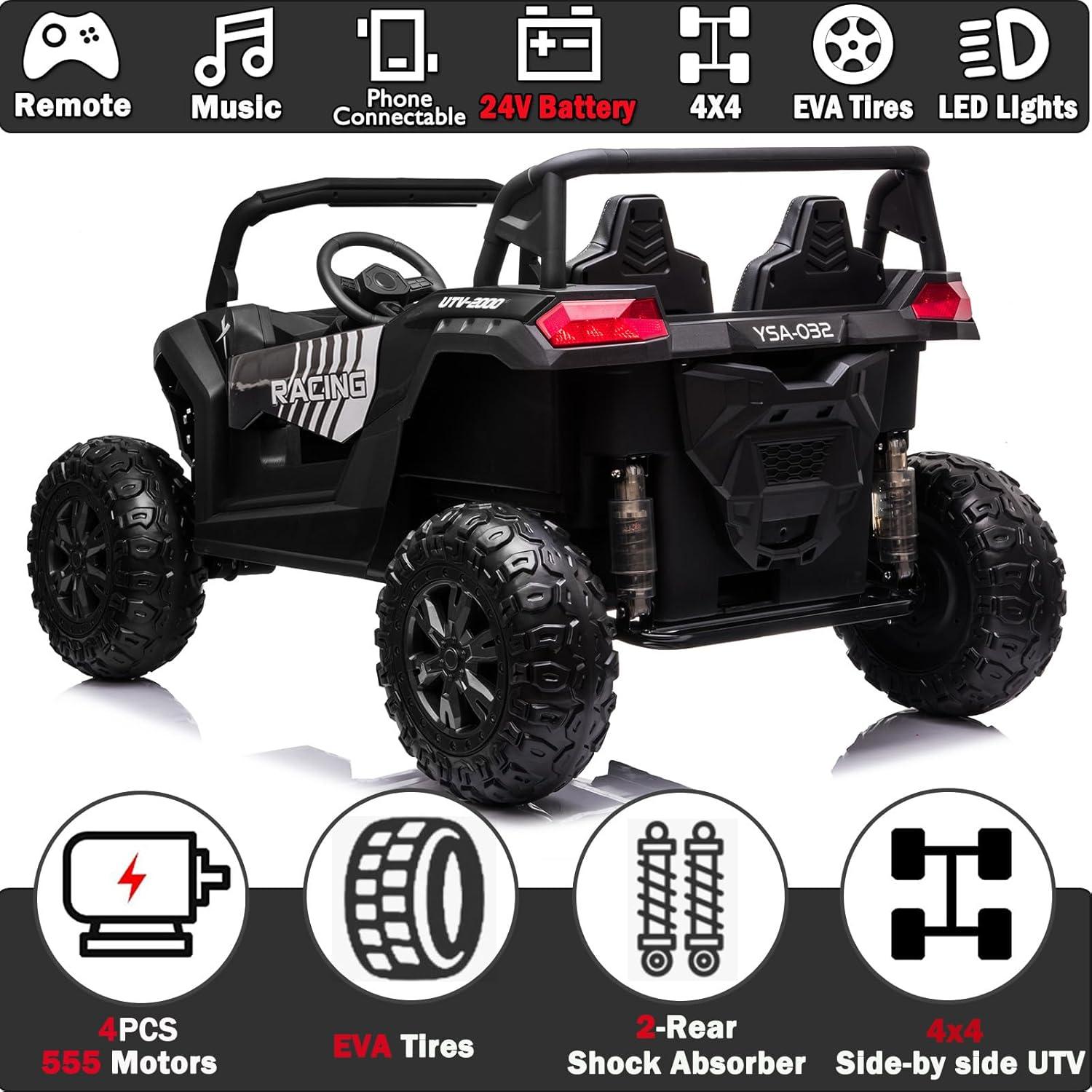 24V Ride on Car 2 Seater Ride on UTV 4X4 Off-Road UTV for Kids 4X200W Powerful Motor Kids' Electric Vehicles with Remote Control, Spring Suspension, Led Light, Bluetooth Music, Green