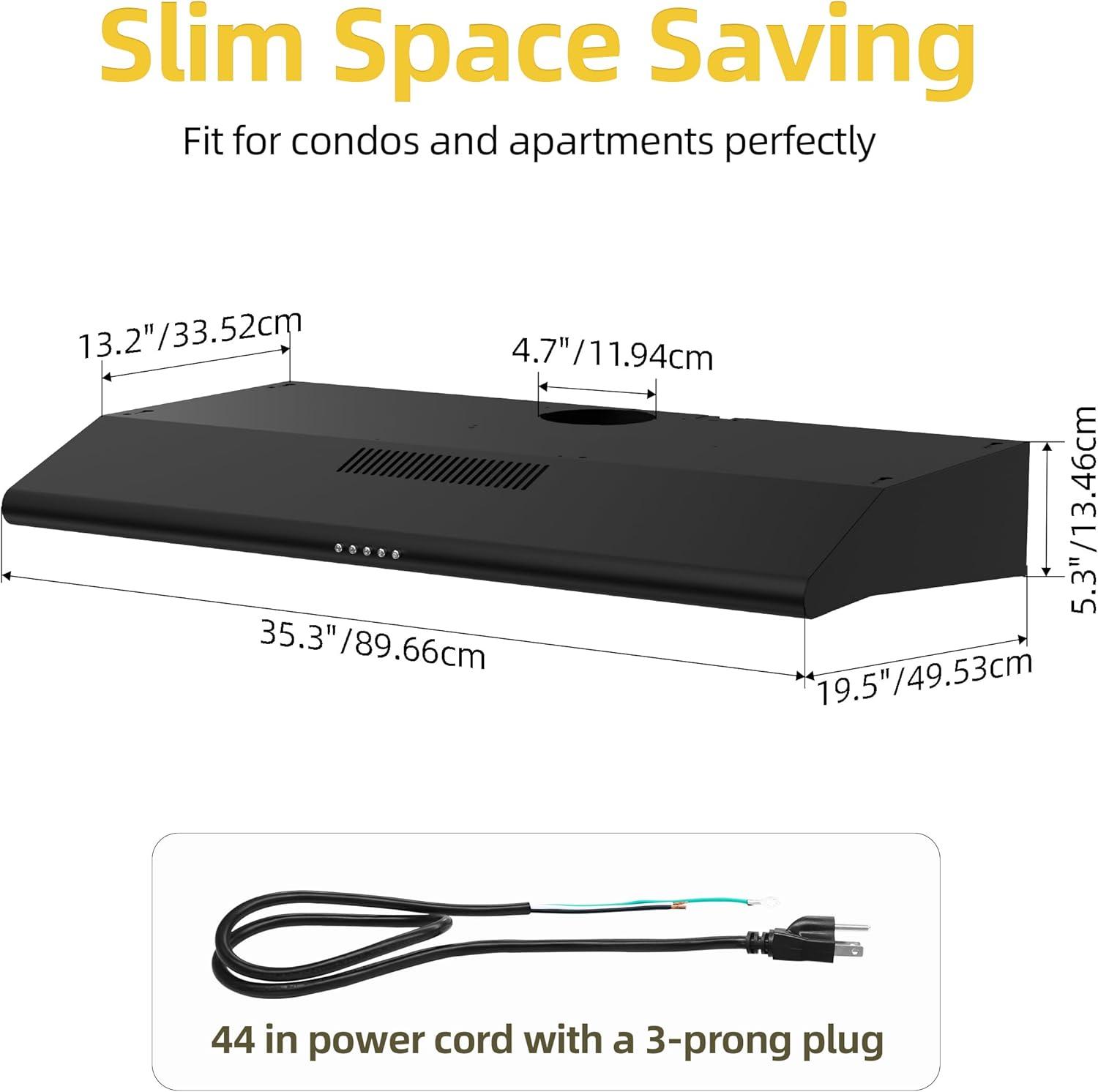 FIREGAS 36 inch Under Cabinet Range Hood 300CFM with Ducted/Ductless Convertible, Slim Kitchen Over Stove Vent, 3 Speed Exhaust Fan, Reusable Aluminum Filters, Push Button, Black