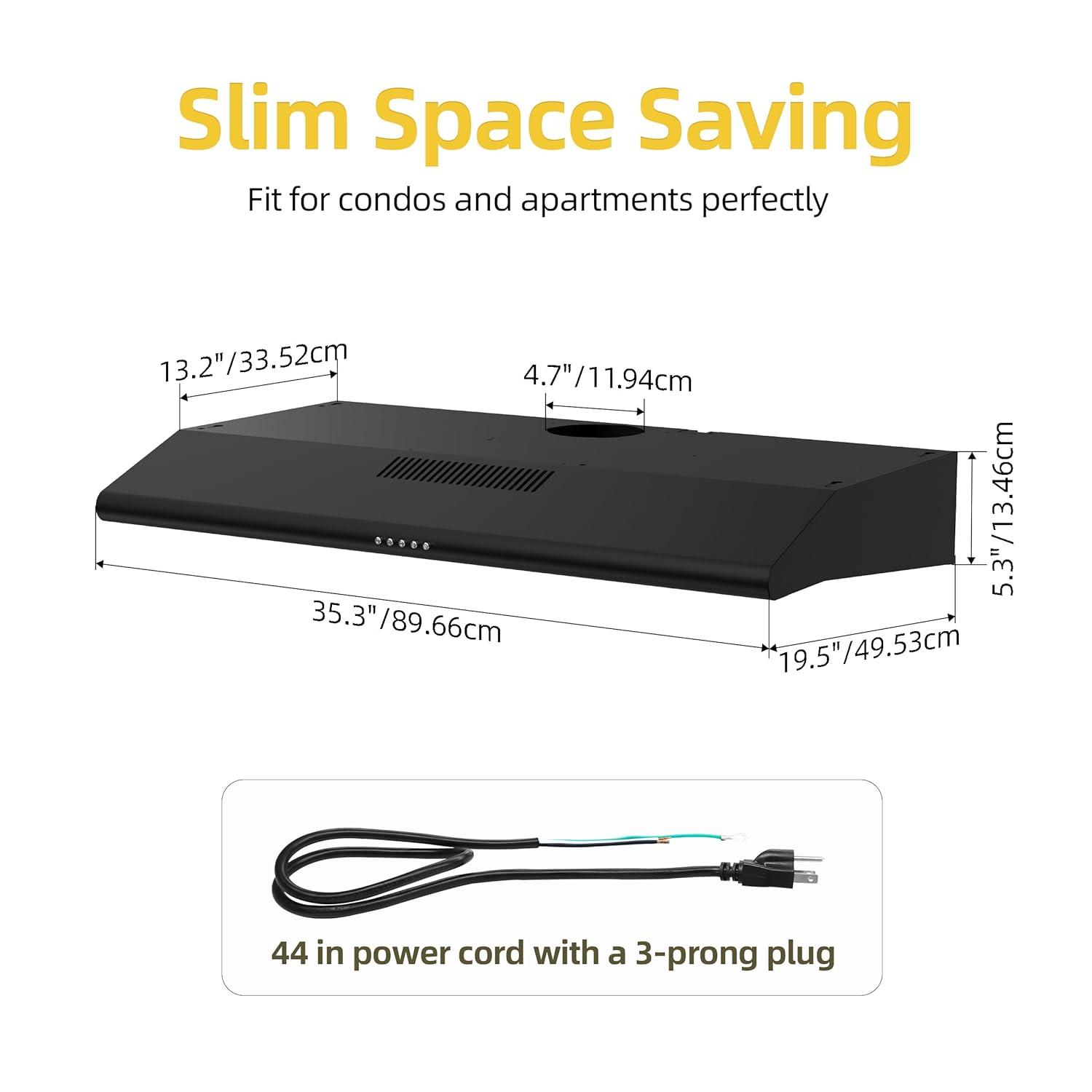 FIREGAS 36 inch Under Cabinet Range Hood 300CFM with Ducted/Ductless Convertible, Slim Kitchen Over Stove Vent, 3 Speed Exhaust Fan, Reusable Aluminum Filters, Push Button, Black