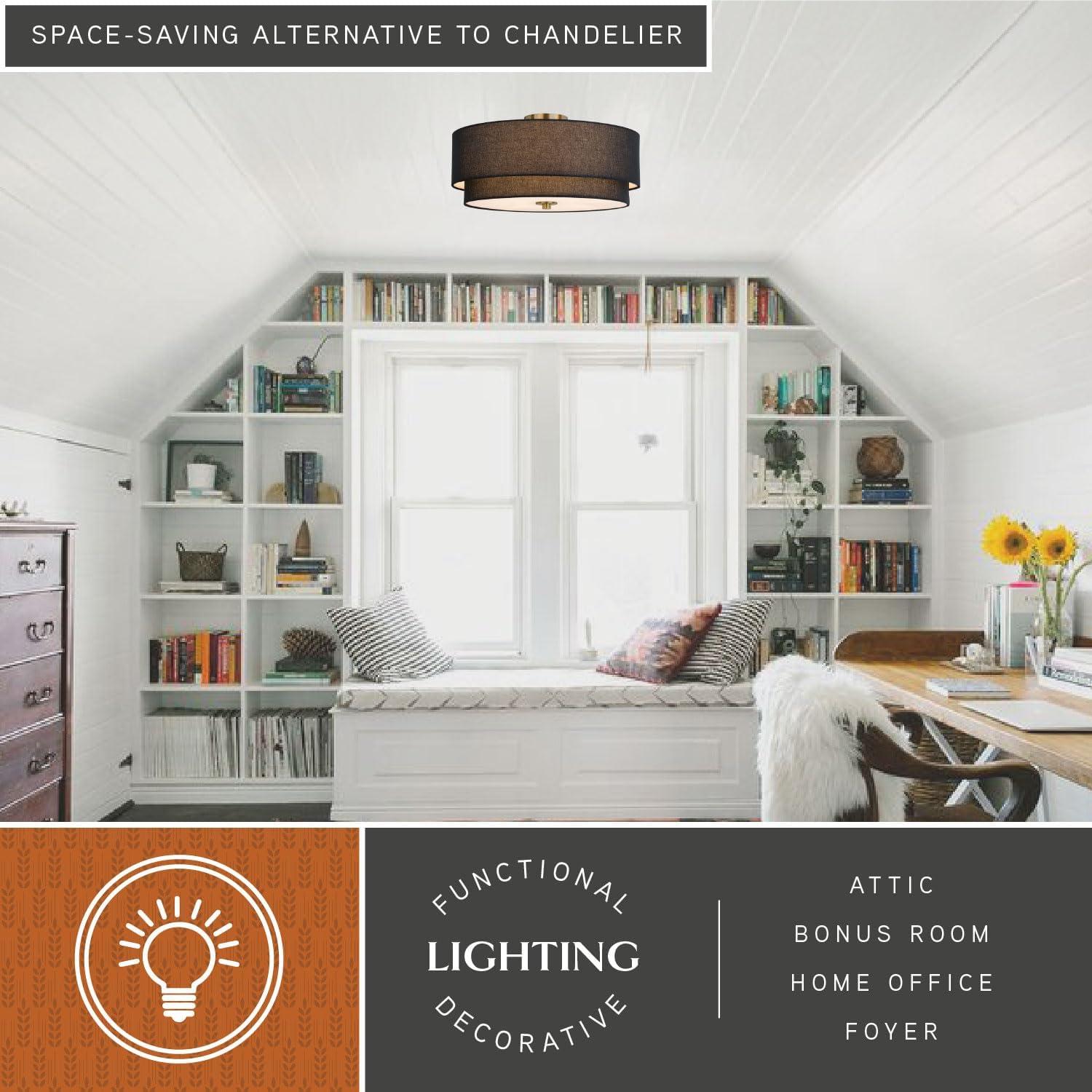 VAXCEL Burnaby Mid-Century Modern Semi Flush Mount Ceiling Light White Linen Drum Shade, Matte Brass, 20.5 inch