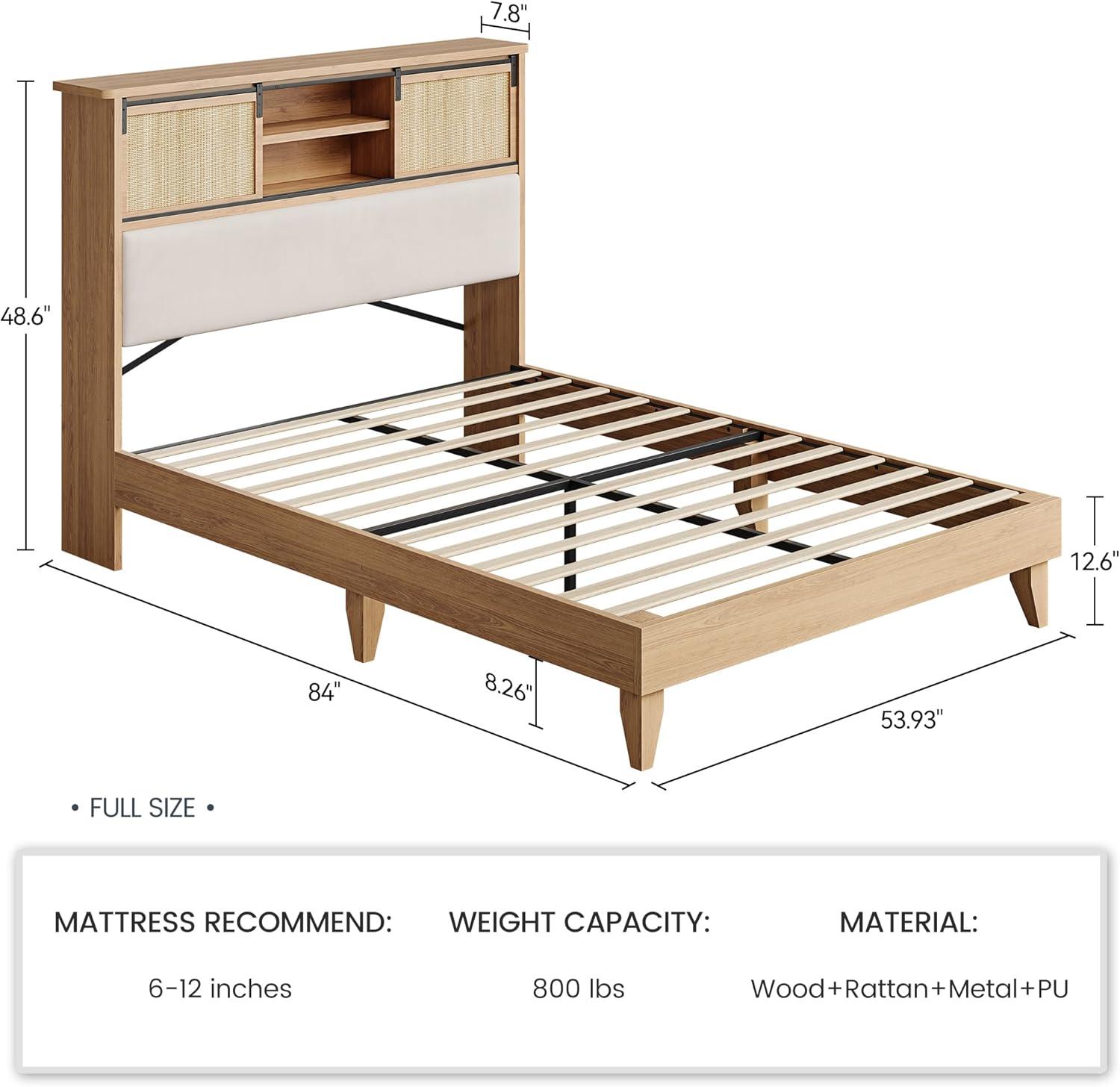 Garvee Rattan Full Size Bed Frame with Sliding Door Shelf Headboard, Bohemian Rattan Bed Frame with Shelves, Wood Foundation, No Box Spring Needed