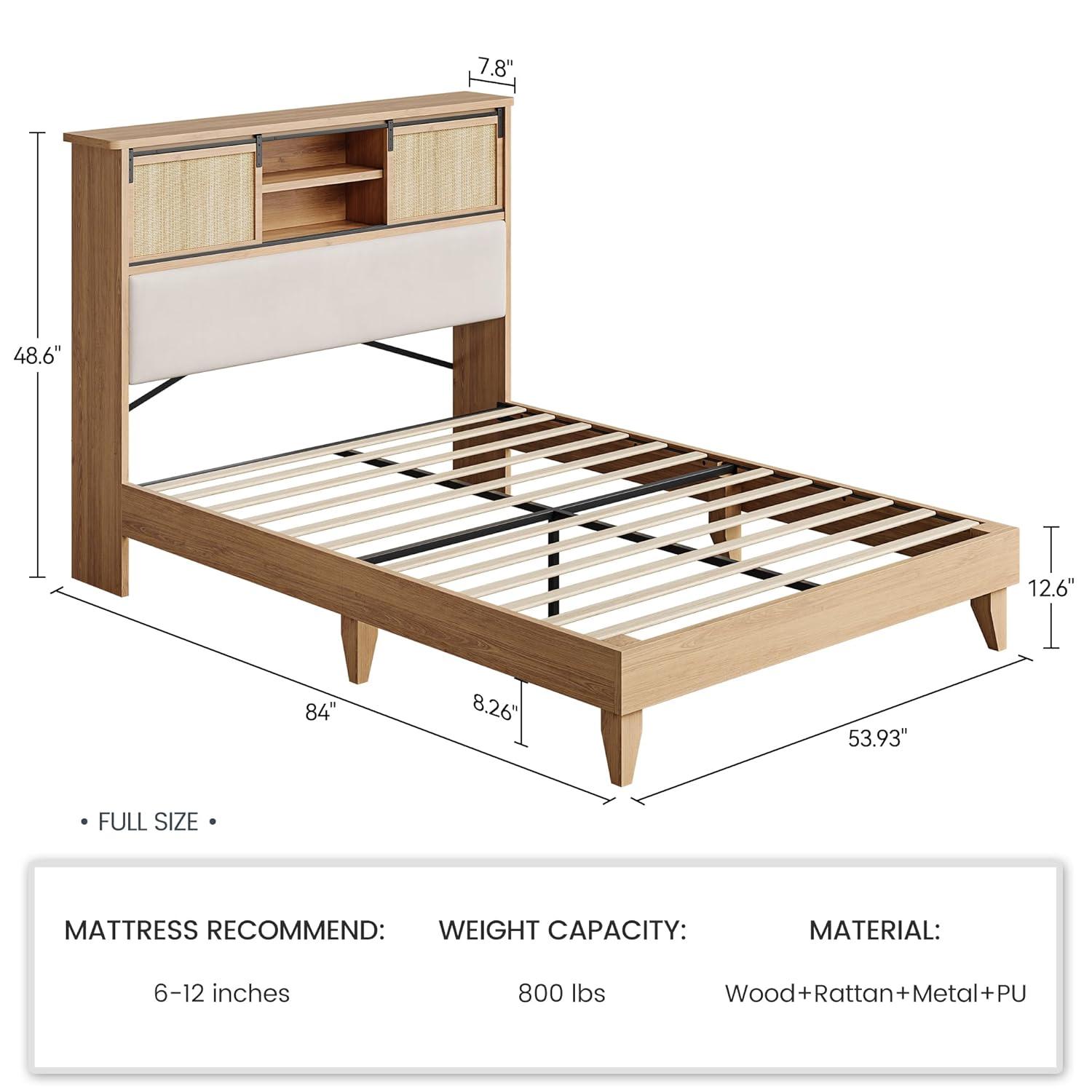 Garvee Rattan Full Size Bed Frame with Sliding Door Shelf Headboard, Bohemian Rattan Bed Frame with Shelves, Wood Foundation, No Box Spring Needed