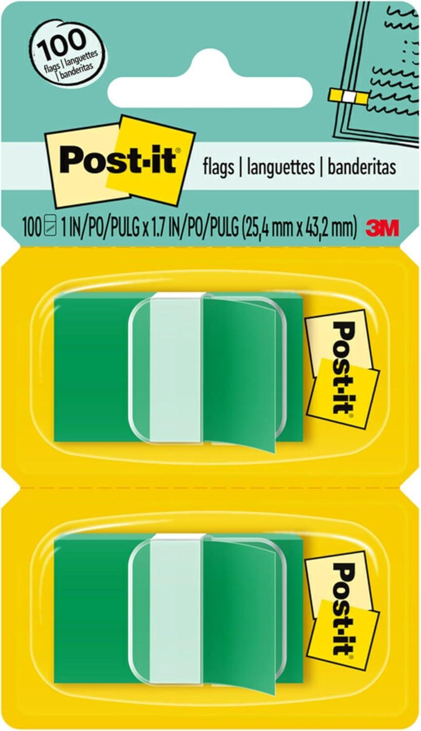 Post-it Flags, 1 in. Wide, Green, 50/Dispenser, 2 Pack