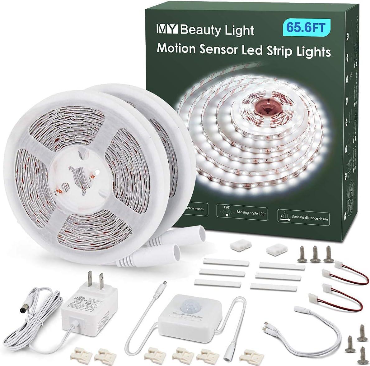 MY BEAUTY LIGHT Motion Activated LED Strip Lights, 65.6ft LED Light Strip with Day or Night 2 Lighting Modes,3 Timing Off Modes,Bright White 24v Plug-in LED Rope Lights for Under Cabinet,Kitchen,Room