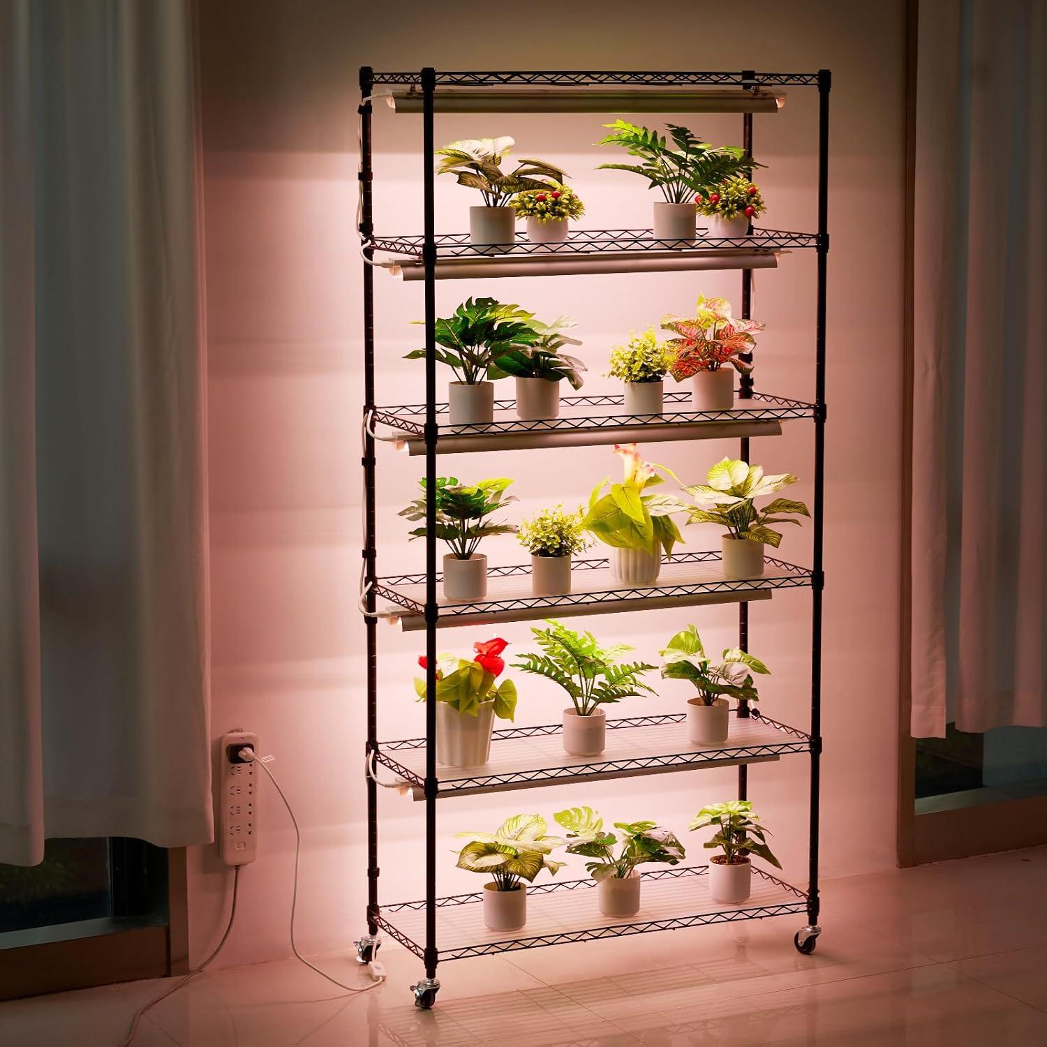 Black Steel 6-Tier Plant Shelf with LED Grow Lights