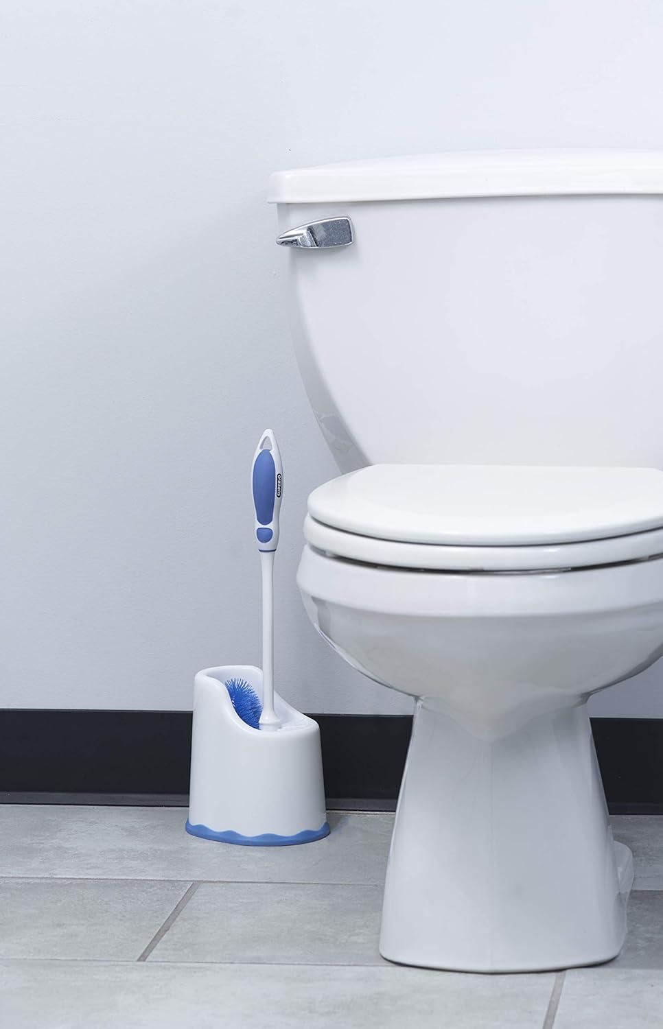 Superio Toilet Bowl Brush and Holder with Under Rim Cleaner for Bathroom, Toilet Brush and Caddy with Non Scratch Bristles and Under Rim Lip Brush, White and Blue (2 Pack)