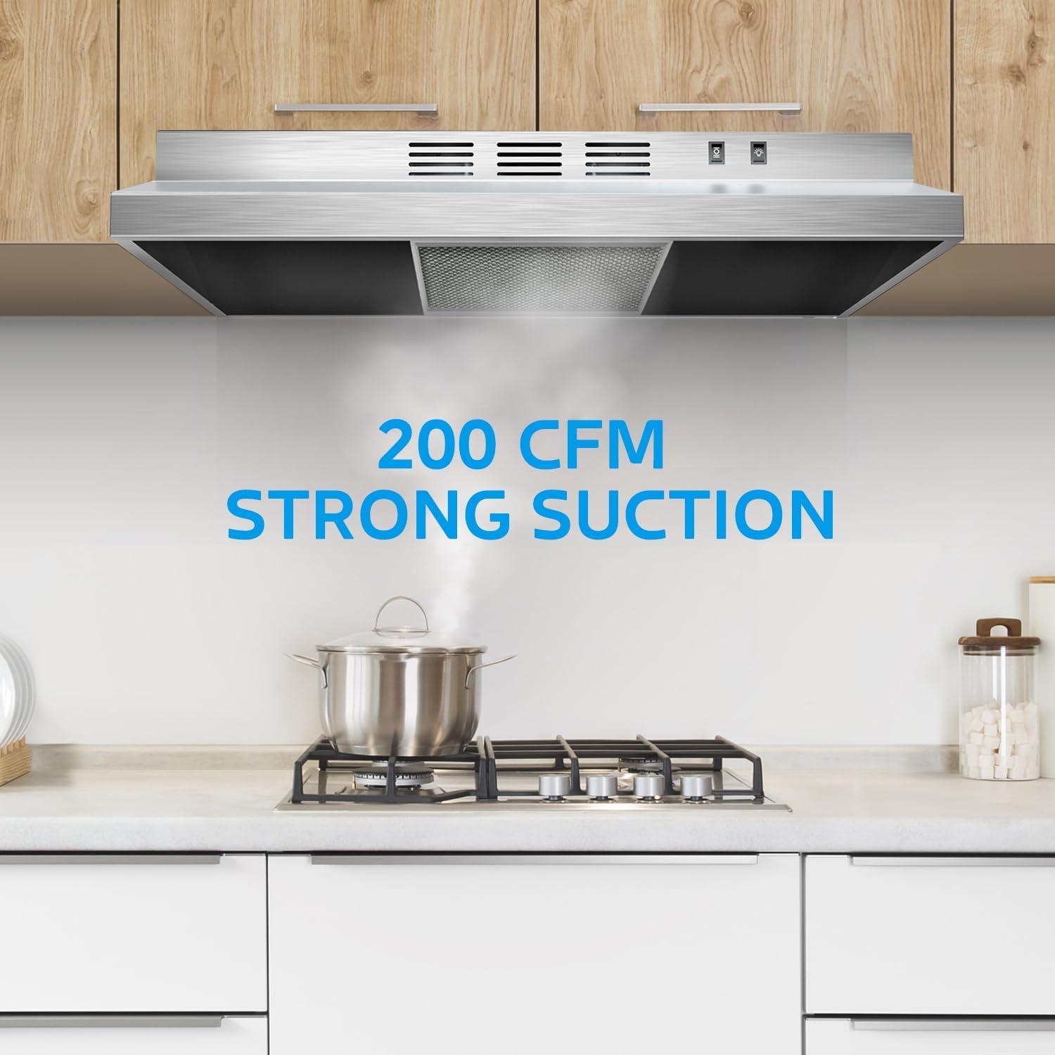 Midea MVU30W2AST 30" Under Cabinet Range Hood, 200 CFM, 2 Speed Fan, Ductless Convertible