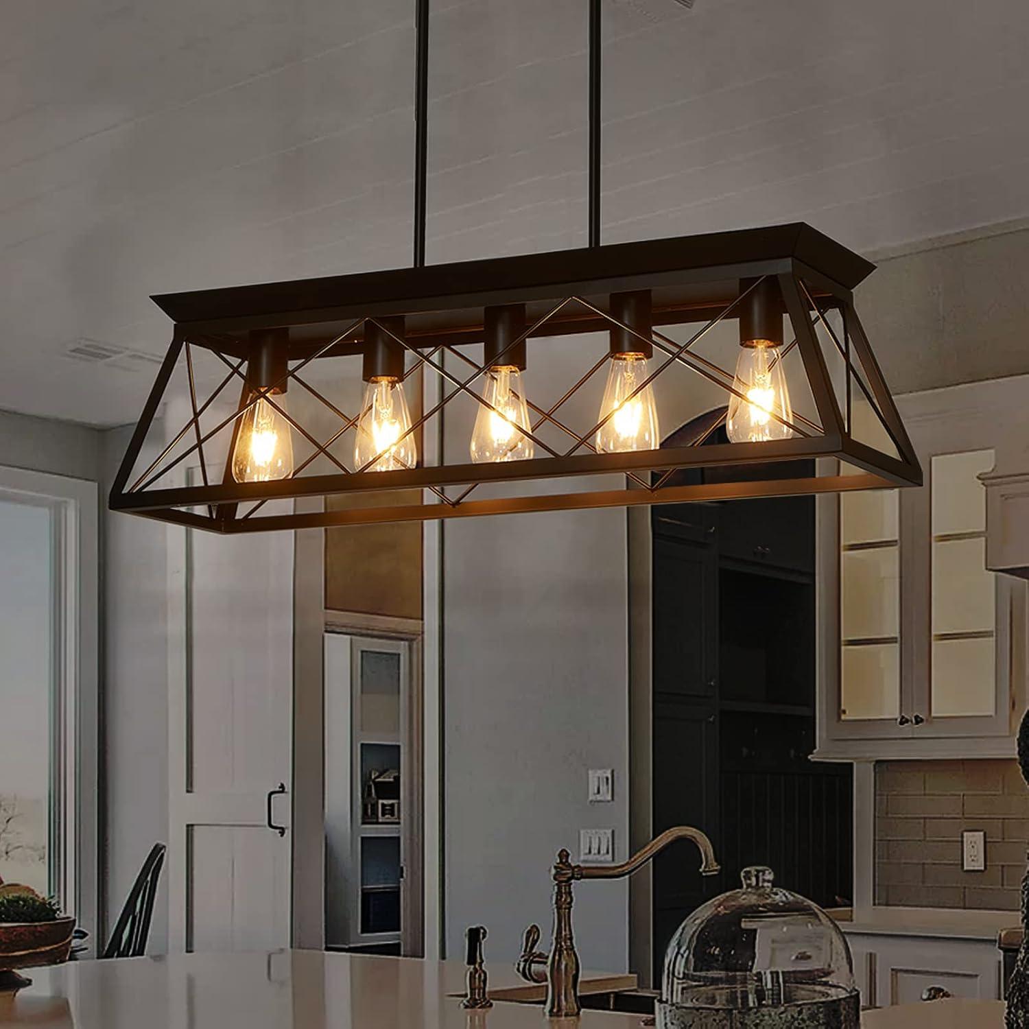 5-Light Farmhouse Chandeliers For Dining Room, Metal Rustic Pendant Island Light Fixture, Modern Rectangular Island Lights For Kitchen, Living Room Pure Black(No Bulbs)