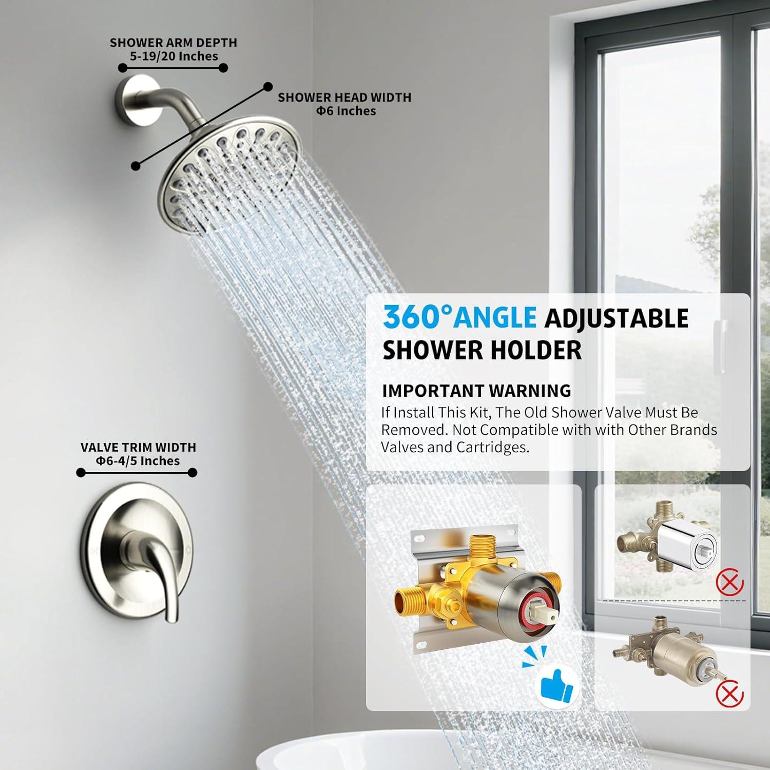 Brushed Nickel Shower Faucet Set, EMBATHER Shower Fixtures with 6 Inch Rainfall Shower Head, Single Handle Control Shower Valve and Trim Kit