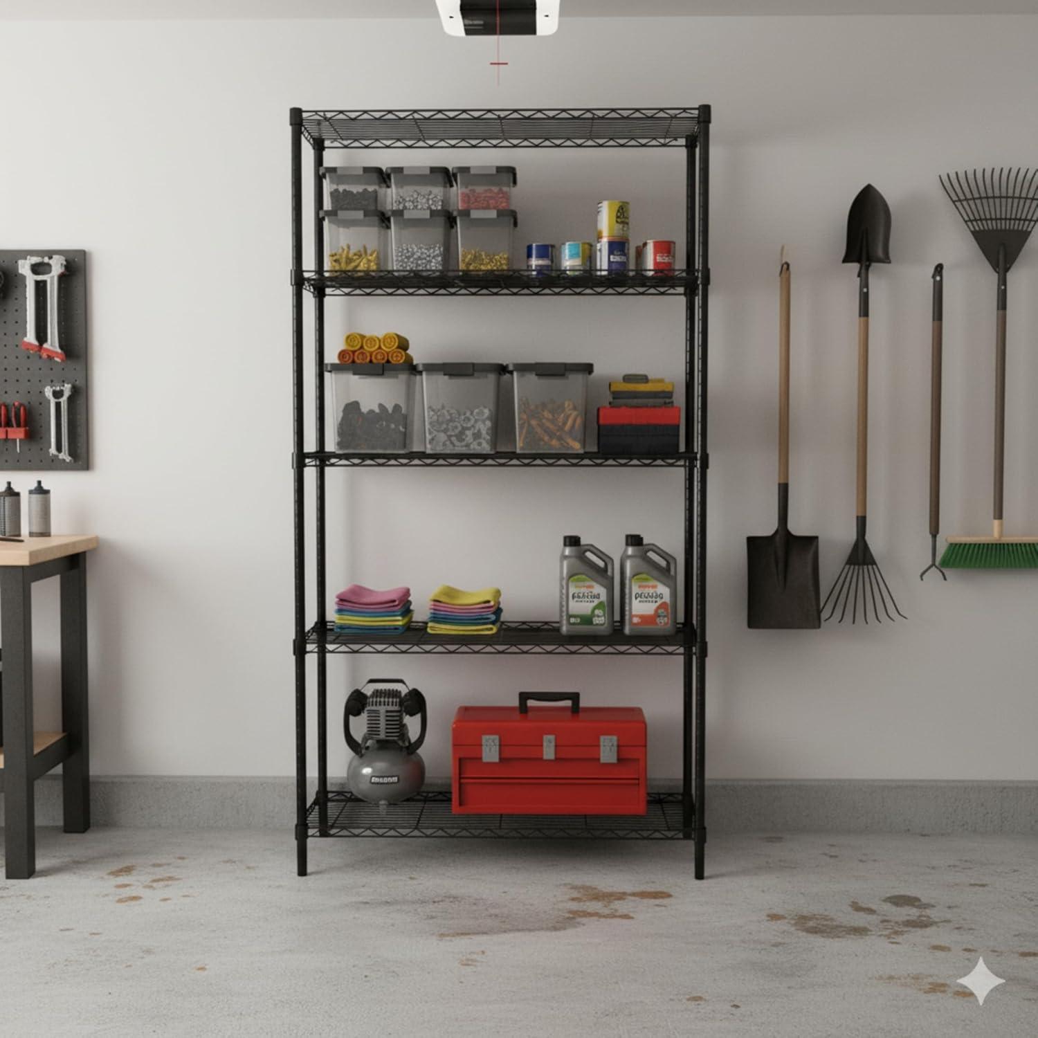 Honey-Can-Do 5-Shelf Steel Adjustable Storage Shelves, Black, Holds up to 350 lb per Shelf