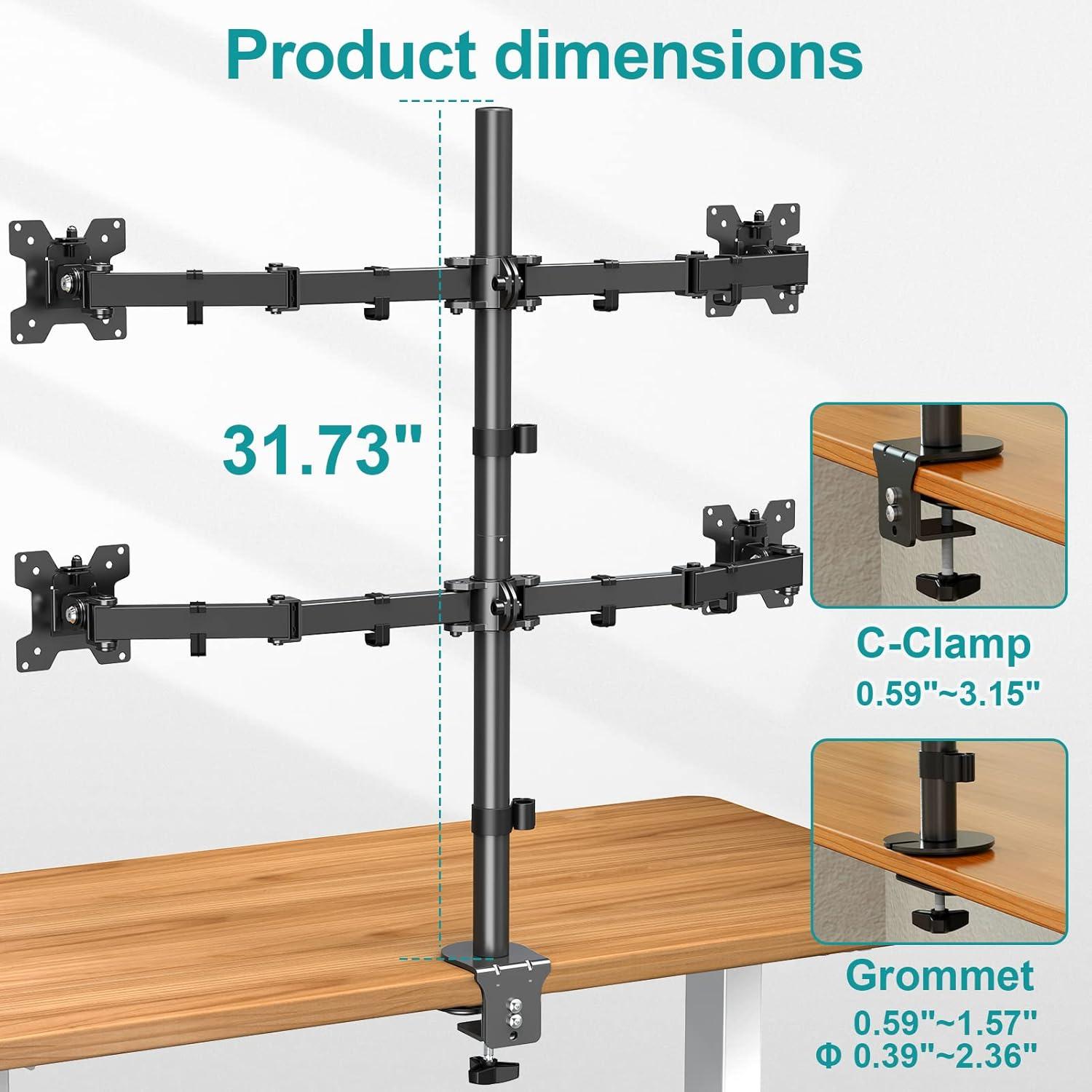 Black Quad Monitor Stand with Adjustable Arms and C Clamp Base