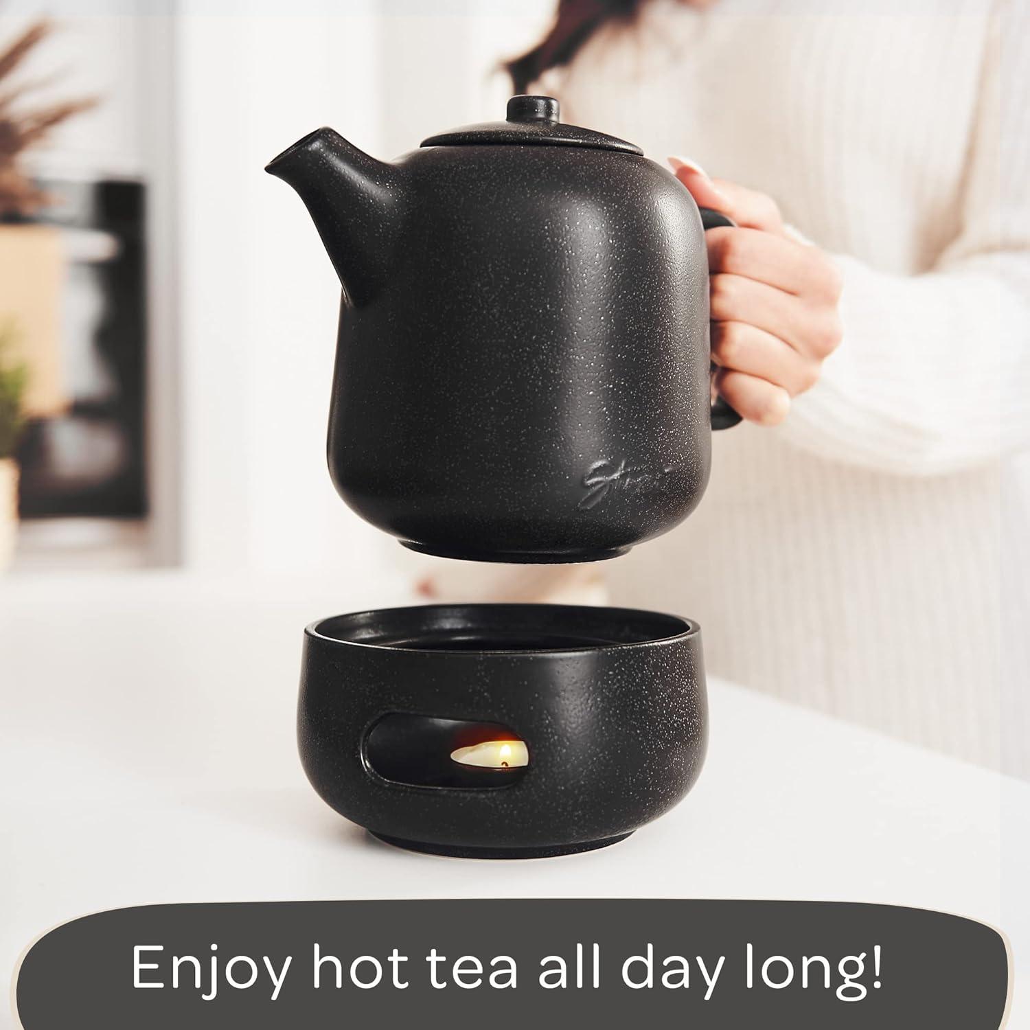 Tea Pot with Warmer (44 oz) - Ceramic Teapot with Infuser for Loose Tea, with Removable Strainer