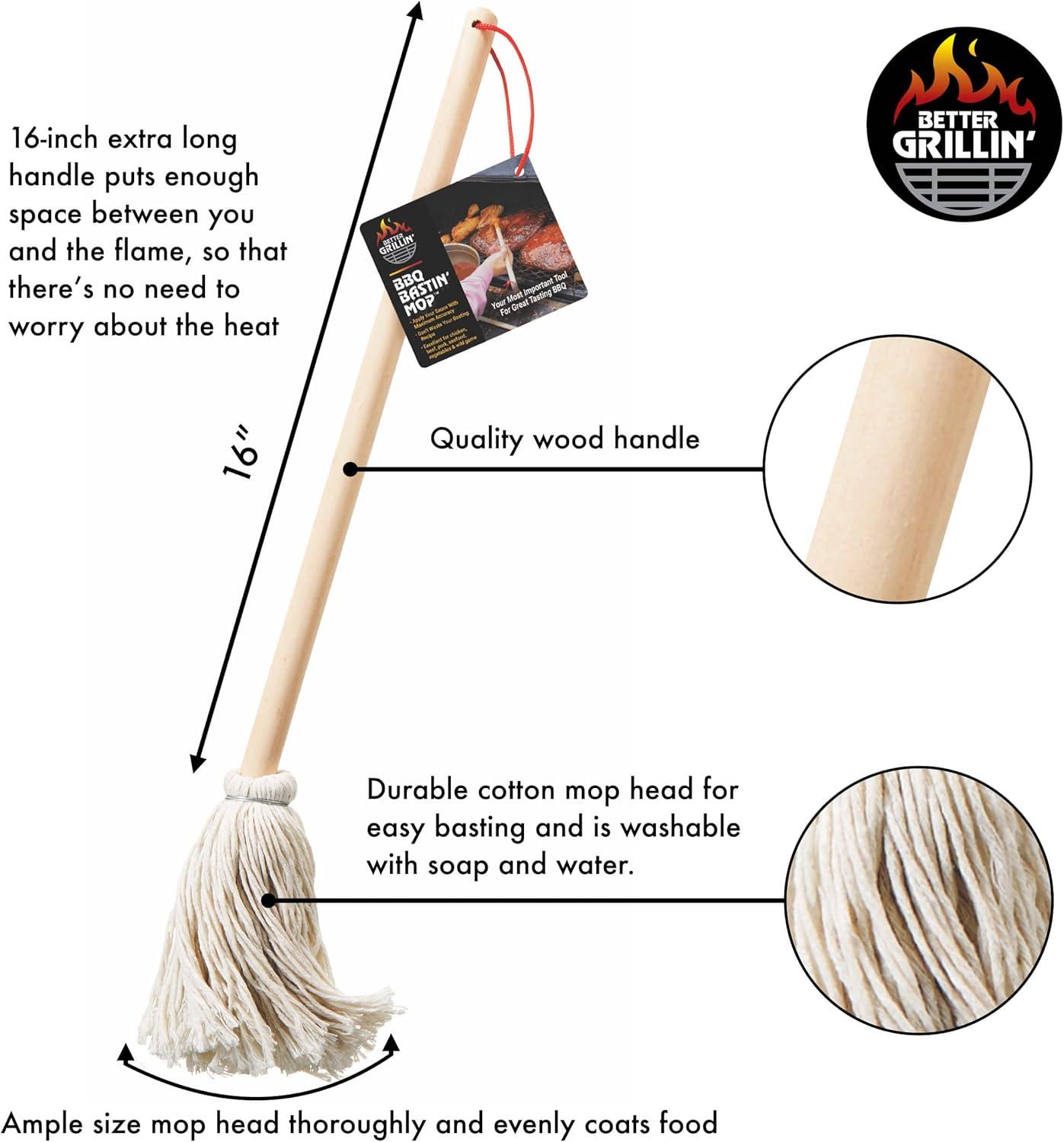 Better Grillin BBQ Basting Mop Brush, Applies Marinades & Sauces, Washable, 16" Handle, 2 Pack