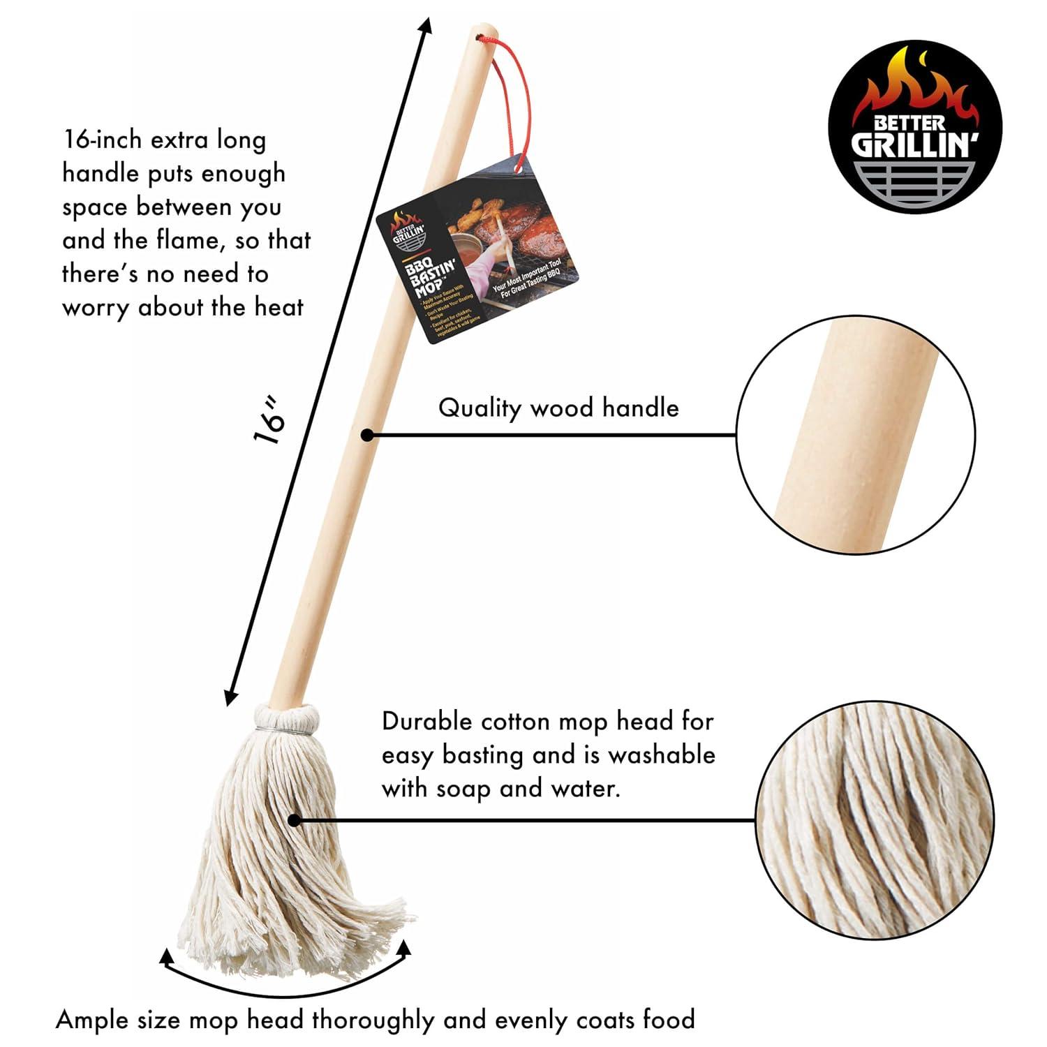 Better Grillin BBQ Basting Mop Brush, Applies Marinades & Sauces, Washable, 16" Handle, 2 Pack