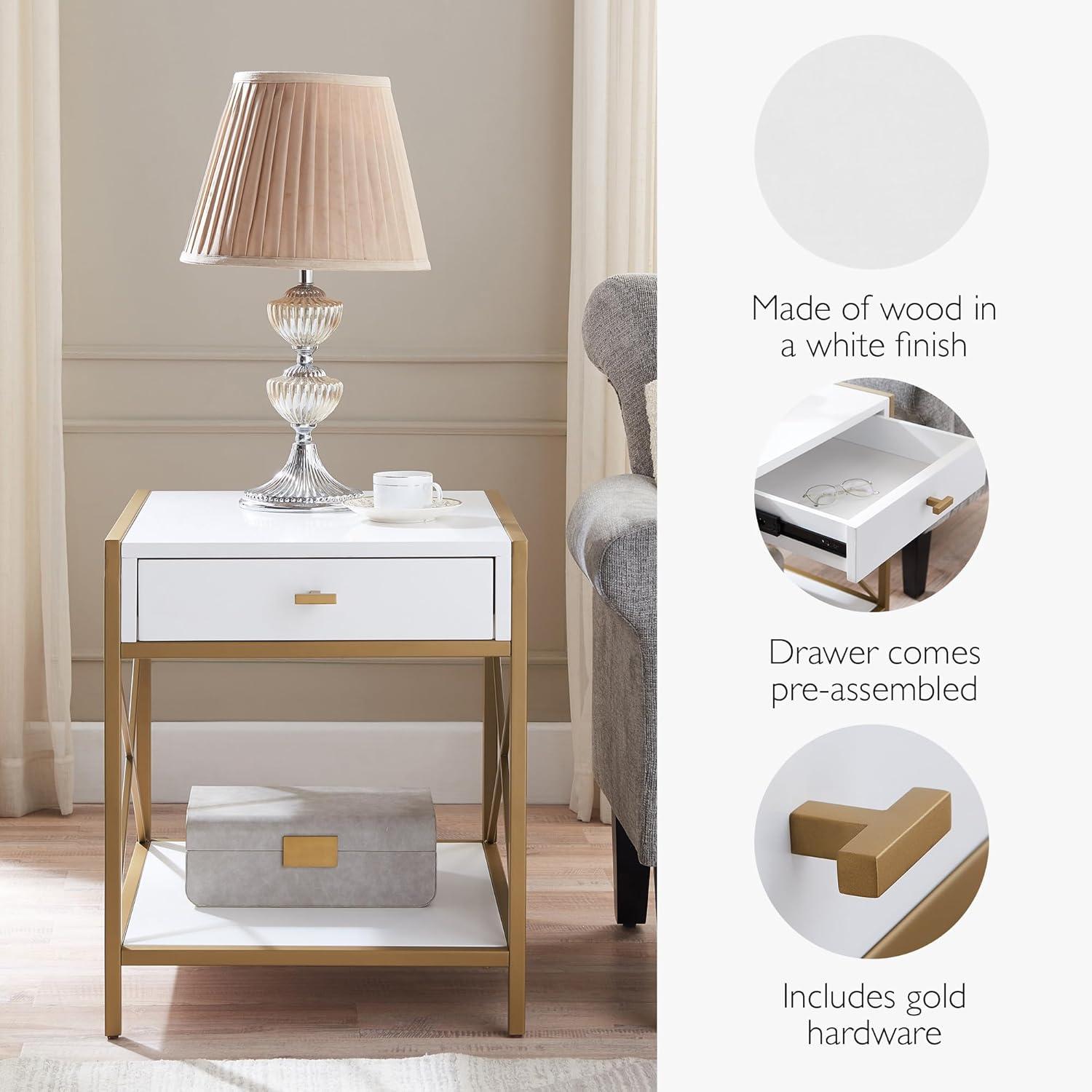 Leick Home Claudette Mixed Metal and Wood 1-Drawer End Table with Shelf, White/Gold