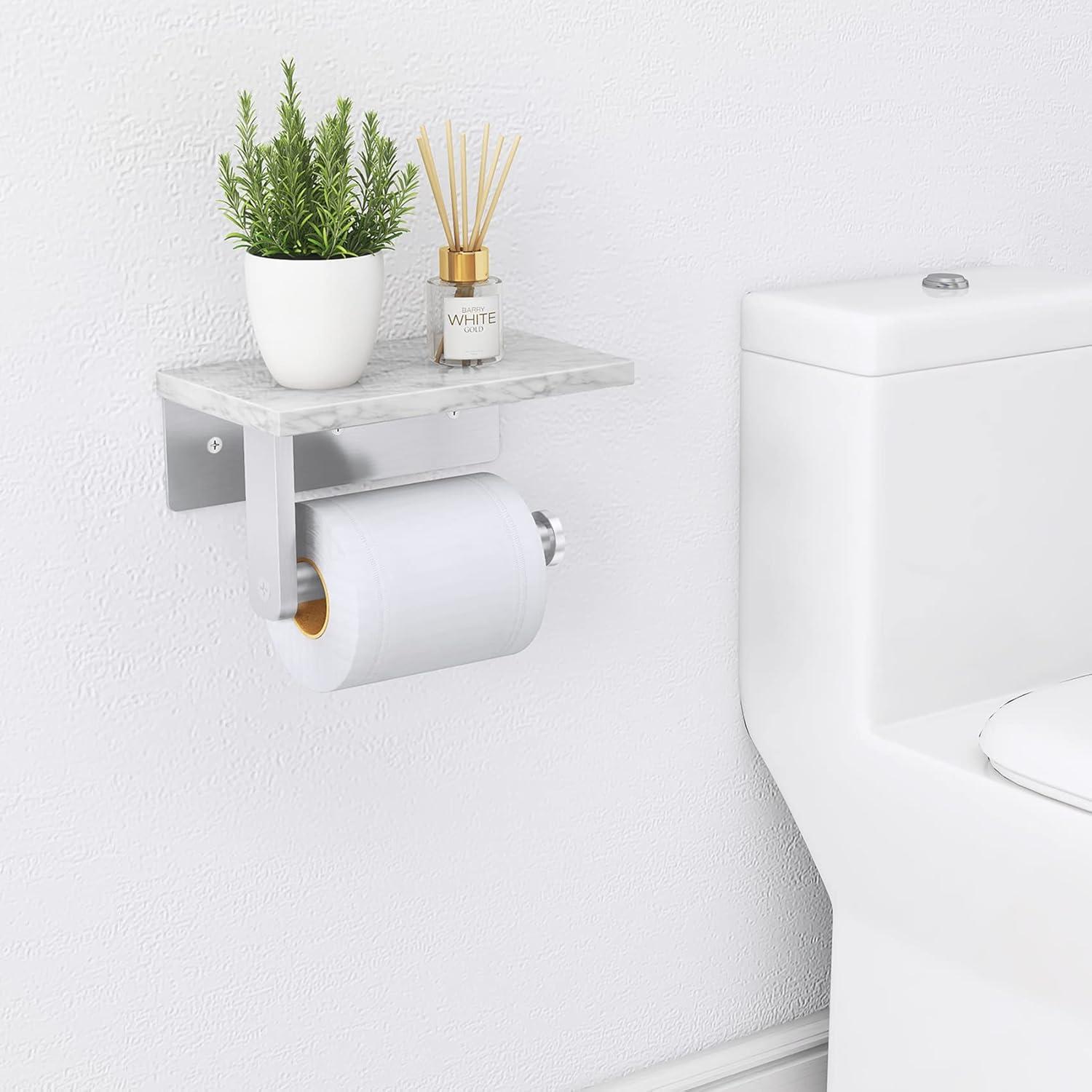 Brushed Nickel Toilet Paper Holder with Marble Shelf