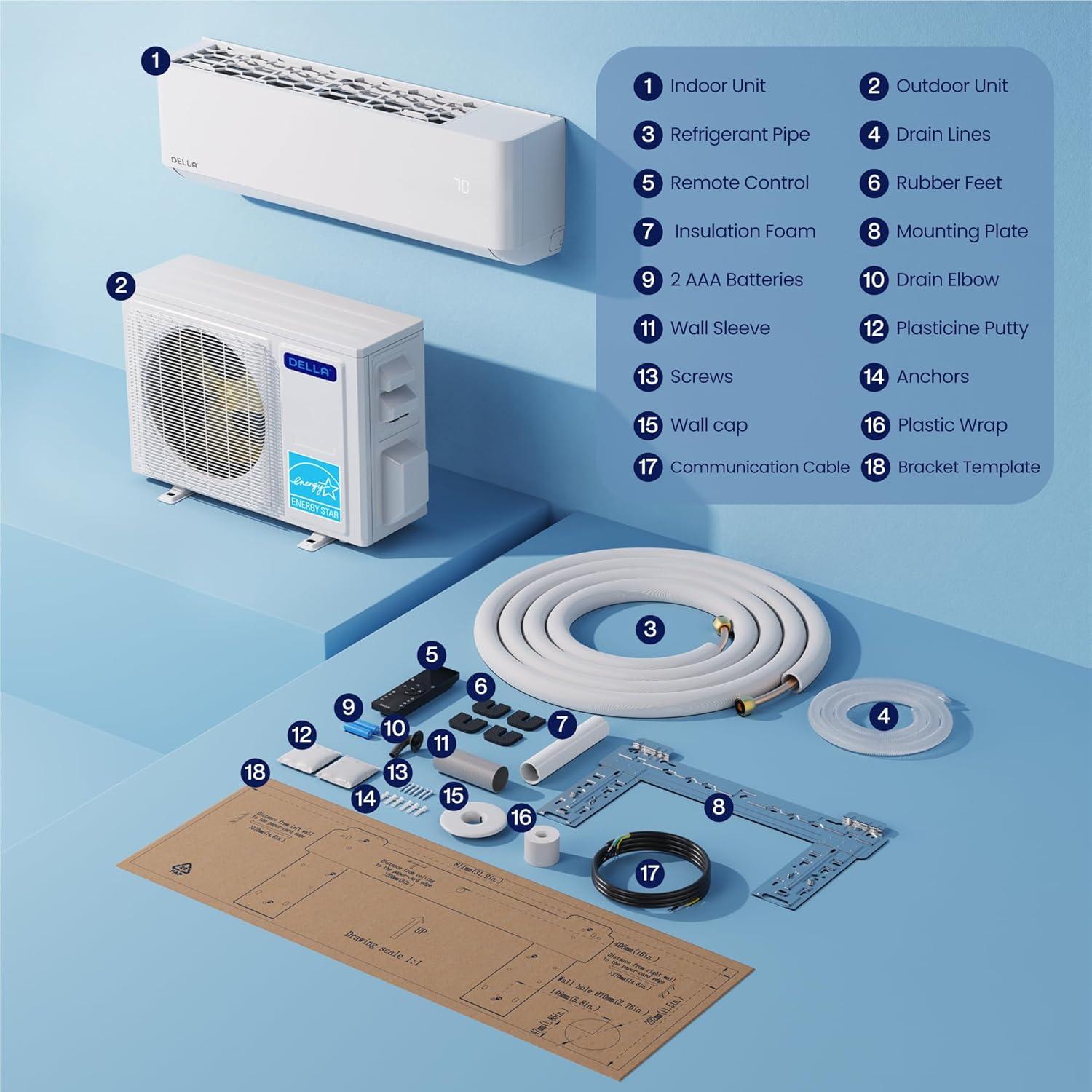 DELLA Optima Series 24,000 BTU Wifi Mini Split, Work with Alexa, Energy Star 208/230V 20 SEER2 Cools Up to 1500 Sq.Ft Inverter Air Conditioner w/2 Ton Pre-Charged Heat Pump & 16.4ft Installation Kits
