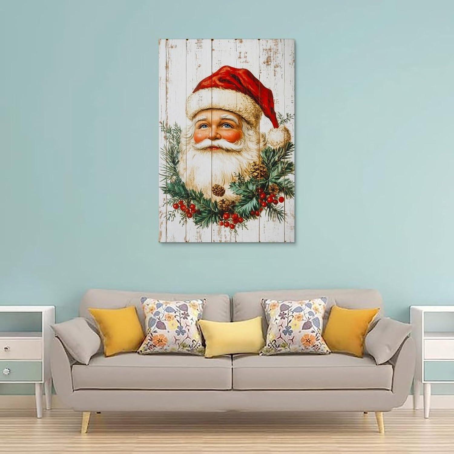 Reccmeny Vintage Christmas Canvas Wall Art, Santa Claus Pictures for Wall Decor, Xmas Poster Santa white Wooden Texture Picture, Holiday Wall Decorations Gifts