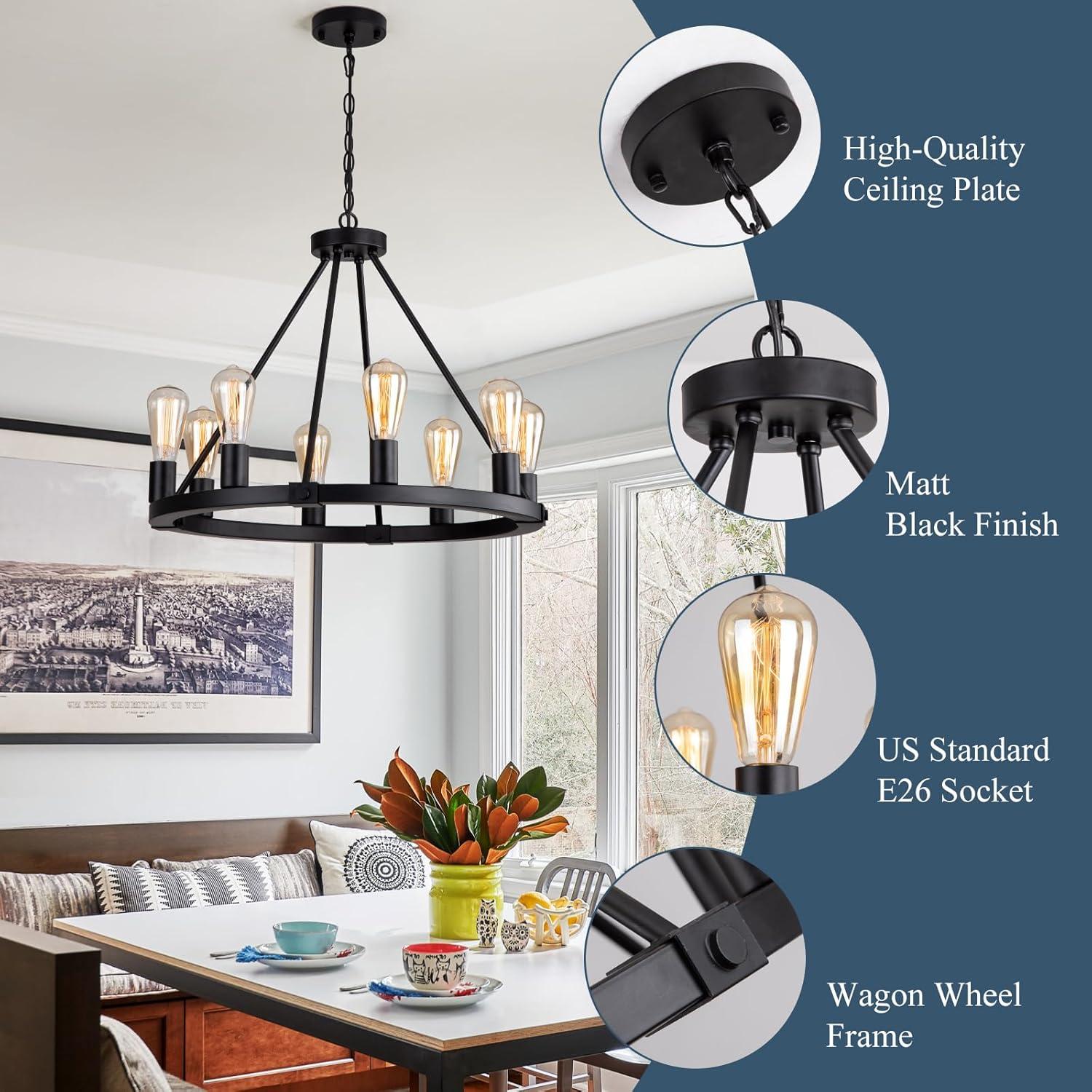 Black Metal 24" 8-Light Wagon Wheel Chandelier