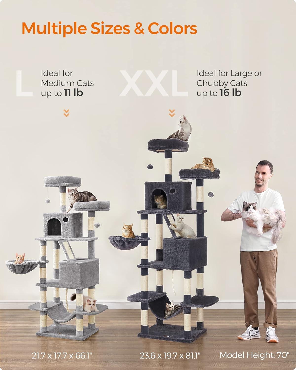 81.1"H Cat Tree Cat Tower for Indoor Cats, Plush Multi-Level Cat Condo with Scratching Posts, Perches, Caves, Hammock, Light Gray