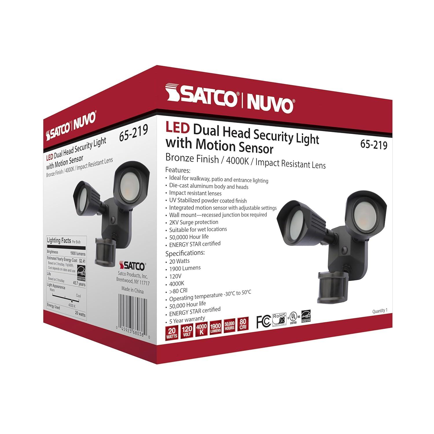 65/219-Nuvo Lighting-40W 4000K 2 LED Outdoor Dual Head Security Light with Motion Sensor in Utility Style-4.16 Inches Wide by 4.13 Inches High-Bronze