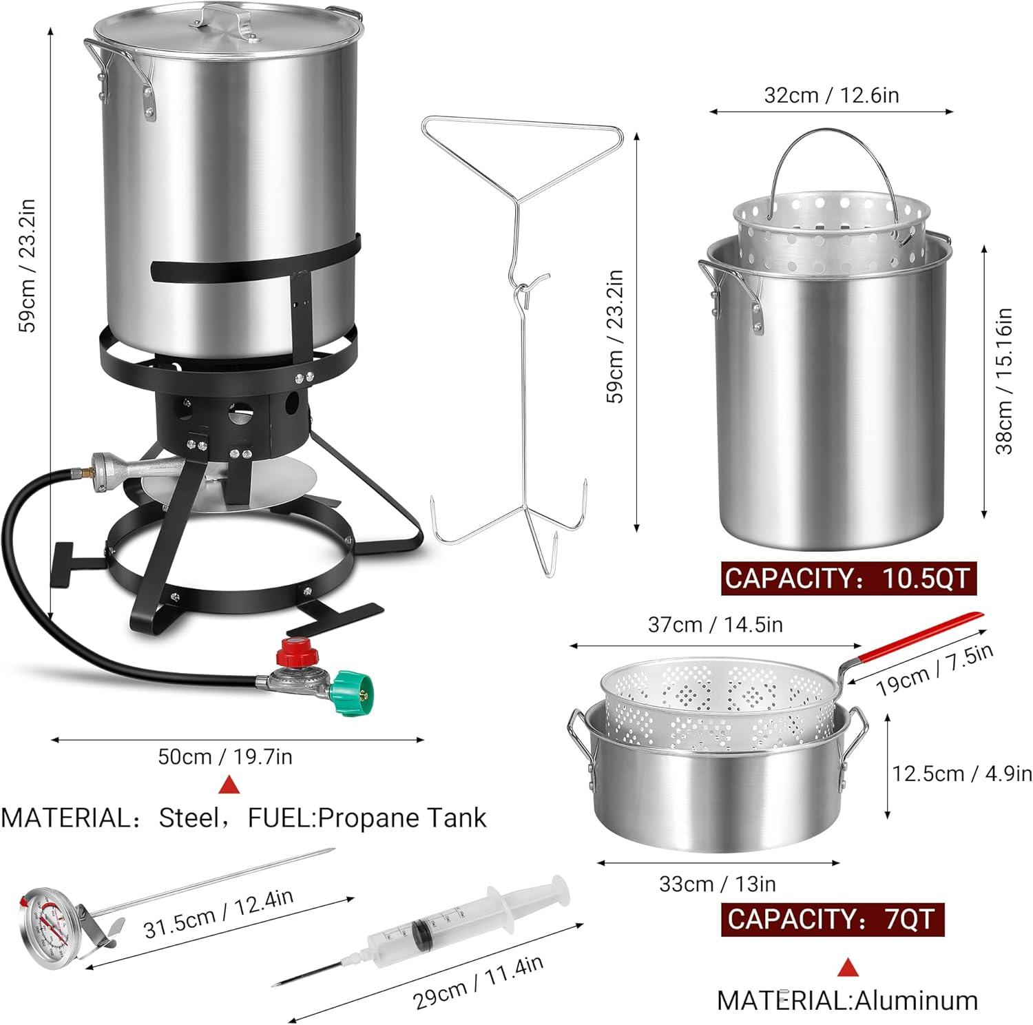 30 Qt Turkey Deep Fryer & 10QT Fish Fryer Kit w/Baskets,Aluminum Fish & Seafood Boiler Steamer with 54,000 BTU Propane Gas Burner Stand Injector Thermometer Hose