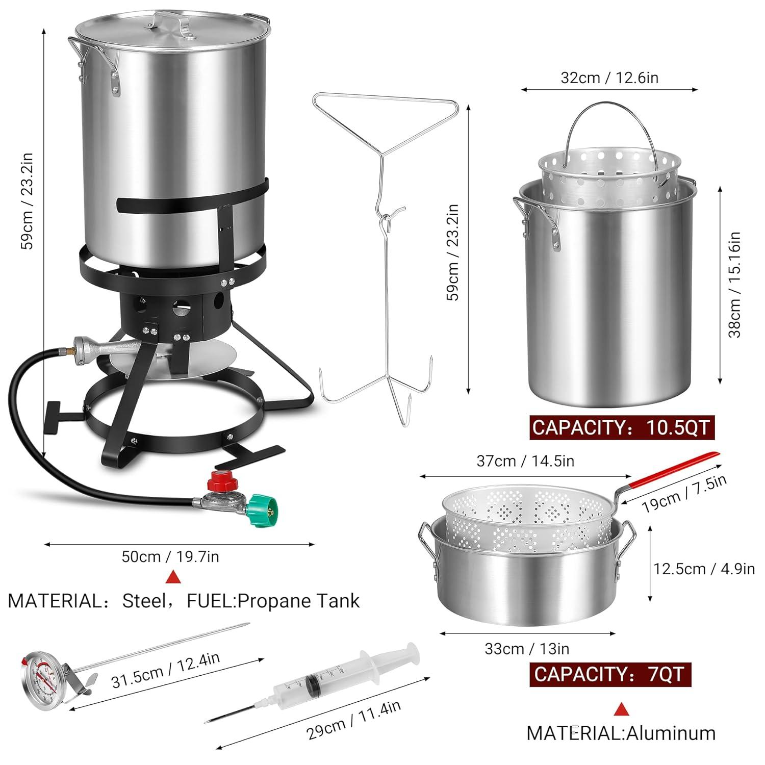 Outvita 30 Qt Turkey Deep Fryer & 10QT Fish Fryer Kit w/Baskets,Aluminum Fish & Seafood Boiler Steamer with 54,000 BTU Propane Gas Burner Stand Injector Thermometer Hose, Ideal for Outdoor Fry