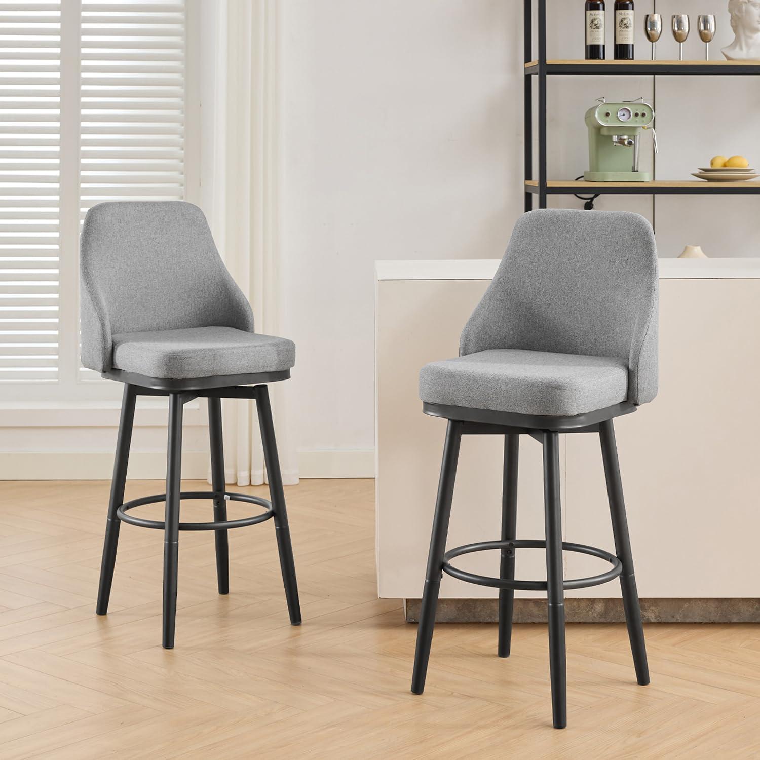 ELIASER Bar Stools Set of 2,Counter Height Barstools Swivel Chair for Kitchen Counter with Back Upholstered Linen Foam Cushion,Metal Leg 29 Inch and 24 Inch Gray