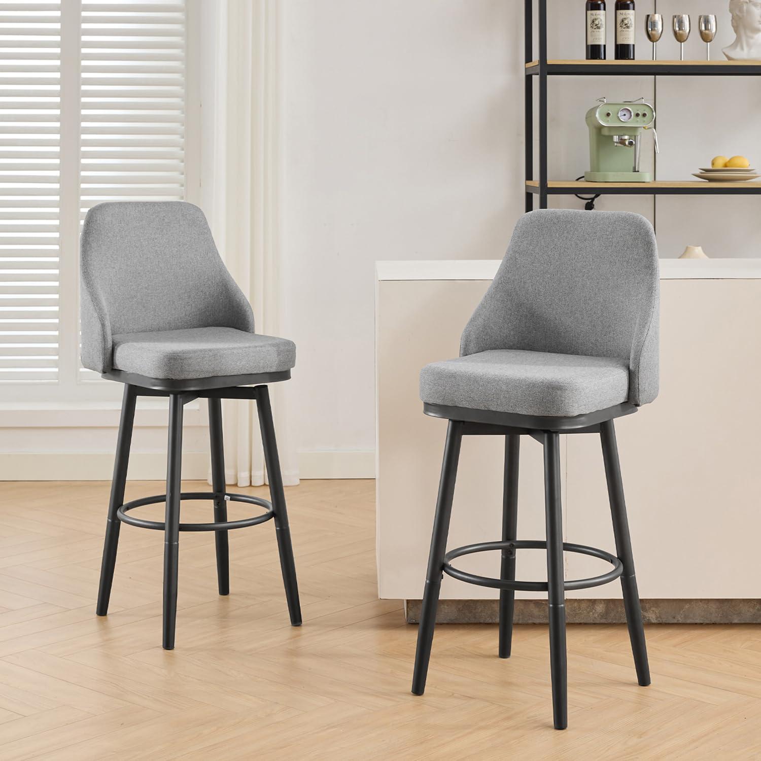 ELIASER Bar Stools Set of 2,Counter Height Barstools Swivel Chair for Kitchen Counter with Back Upholstered Linen Foam Cushion,Metal Leg 29 Inch and 24 Inch Gray