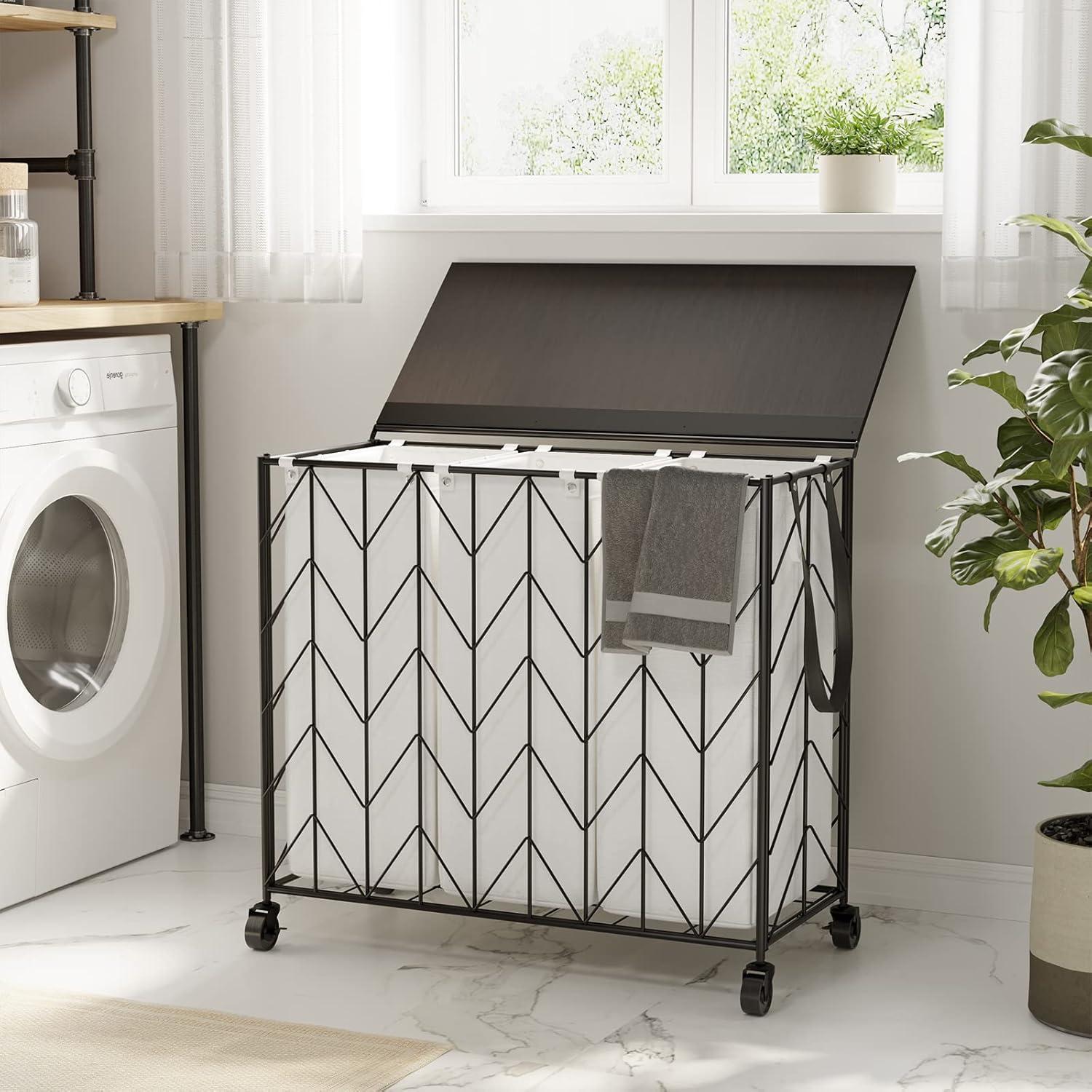 Beige Iron Frame Laundry Hamper with Wheels and Lid