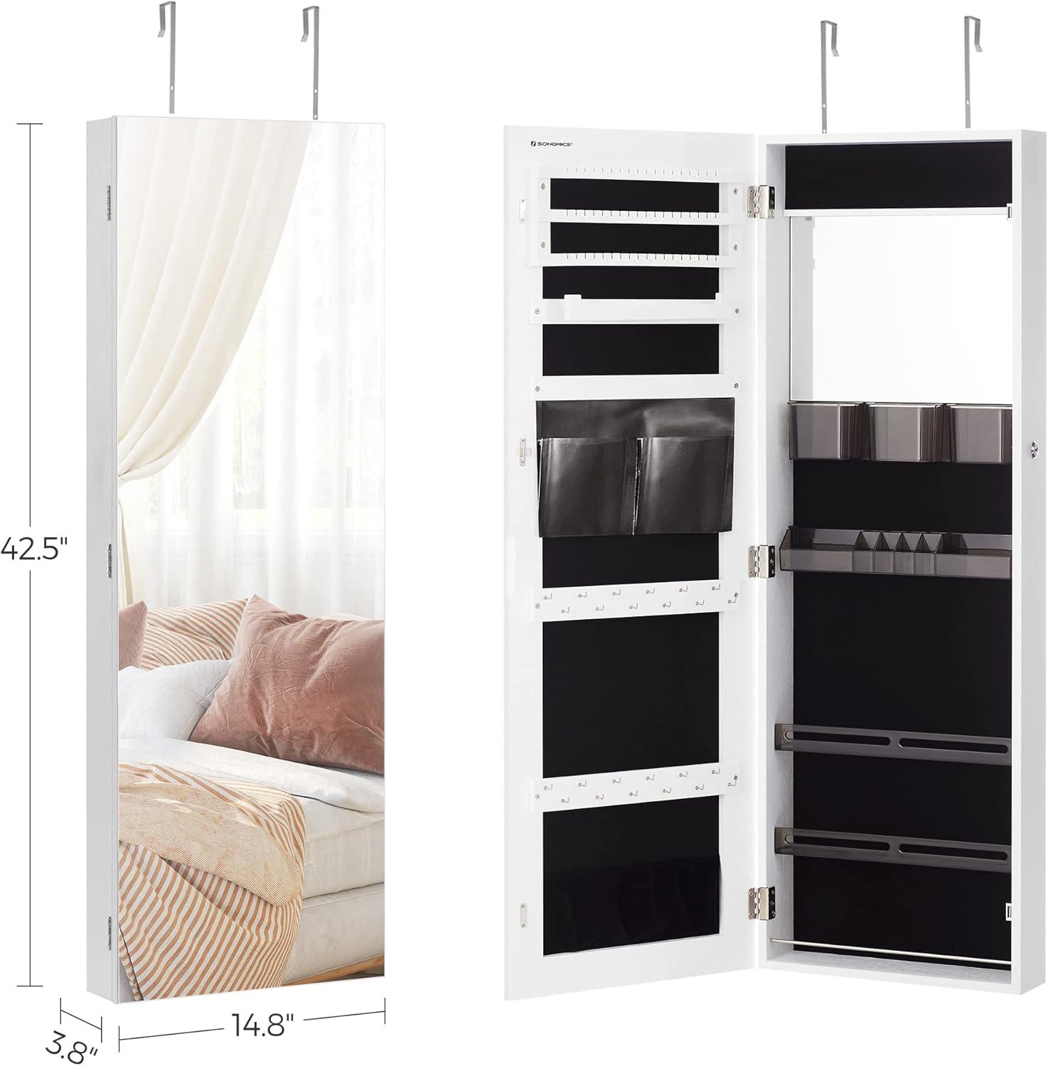 SONGMICS Jewelry Armoires Wall/Door Mount Jewelry Storage Cabinet Organizer Box Full-Length Mirror with Built-in Small Mirror Jewelry Shelves Gift White
