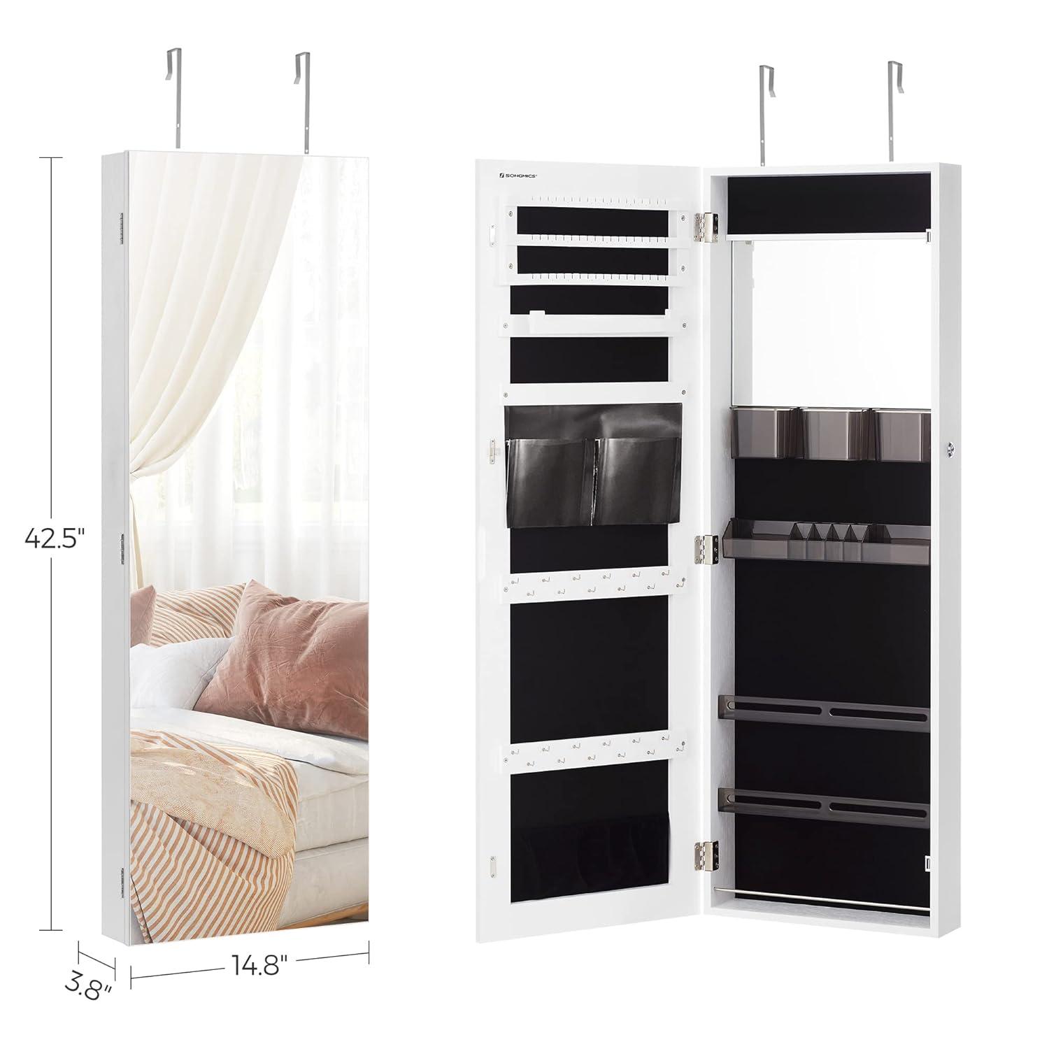 SONGMICS Jewelry Armoires Wall/Door Mount Jewelry Storage Cabinet Organizer Box Full-Length Mirror with Built-in Small Mirror Jewelry Shelves Gift White