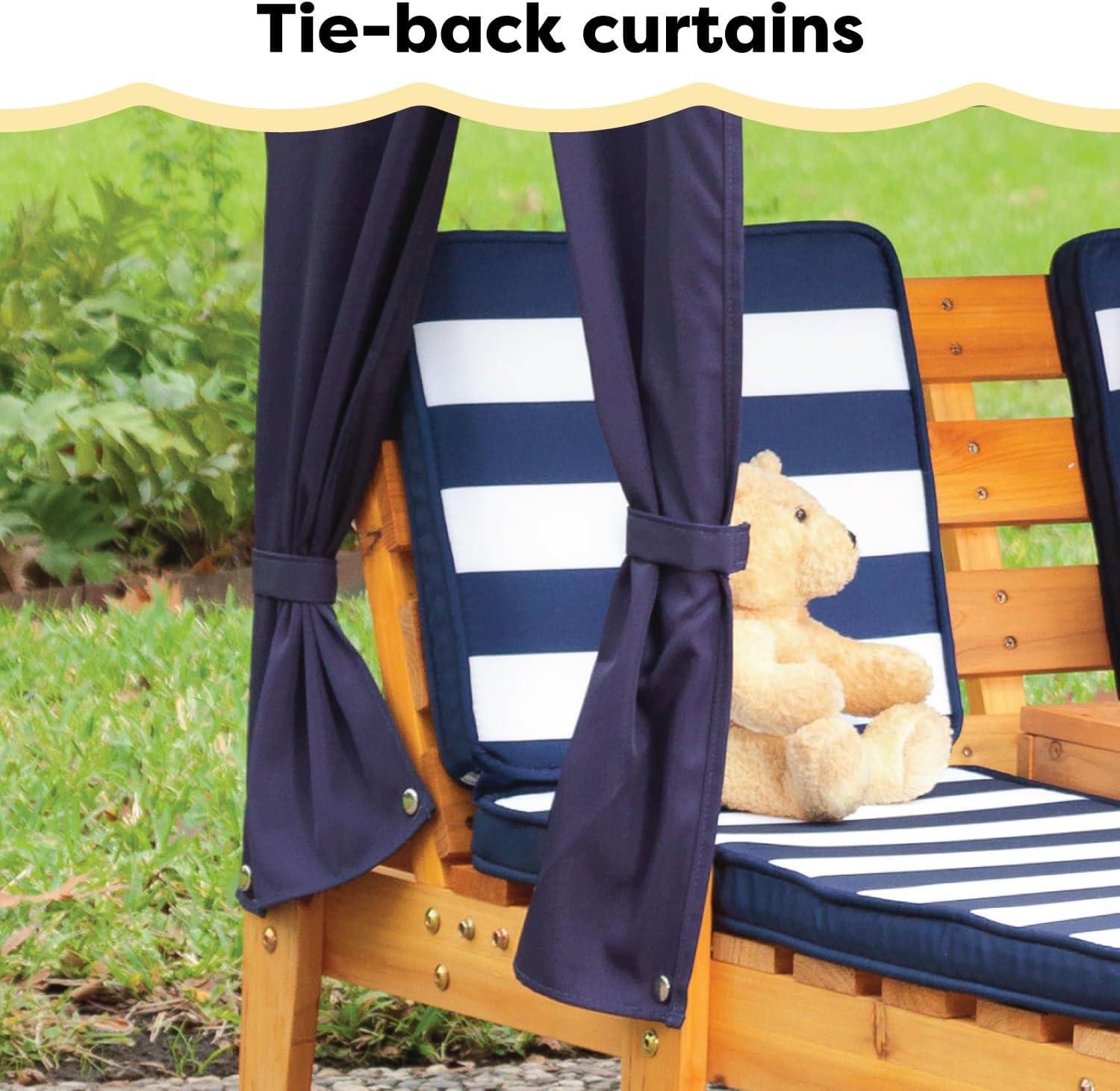 KidKraft Wooden Outdoor Double Chaise with Cup Holders, Kid's Furniture, Honey & Navy