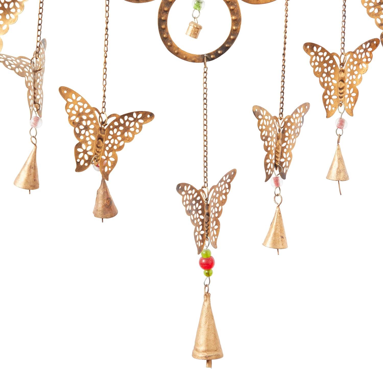 DecMode 36" Brass Metal Butterfly Windchime with Beads and Cone Bells