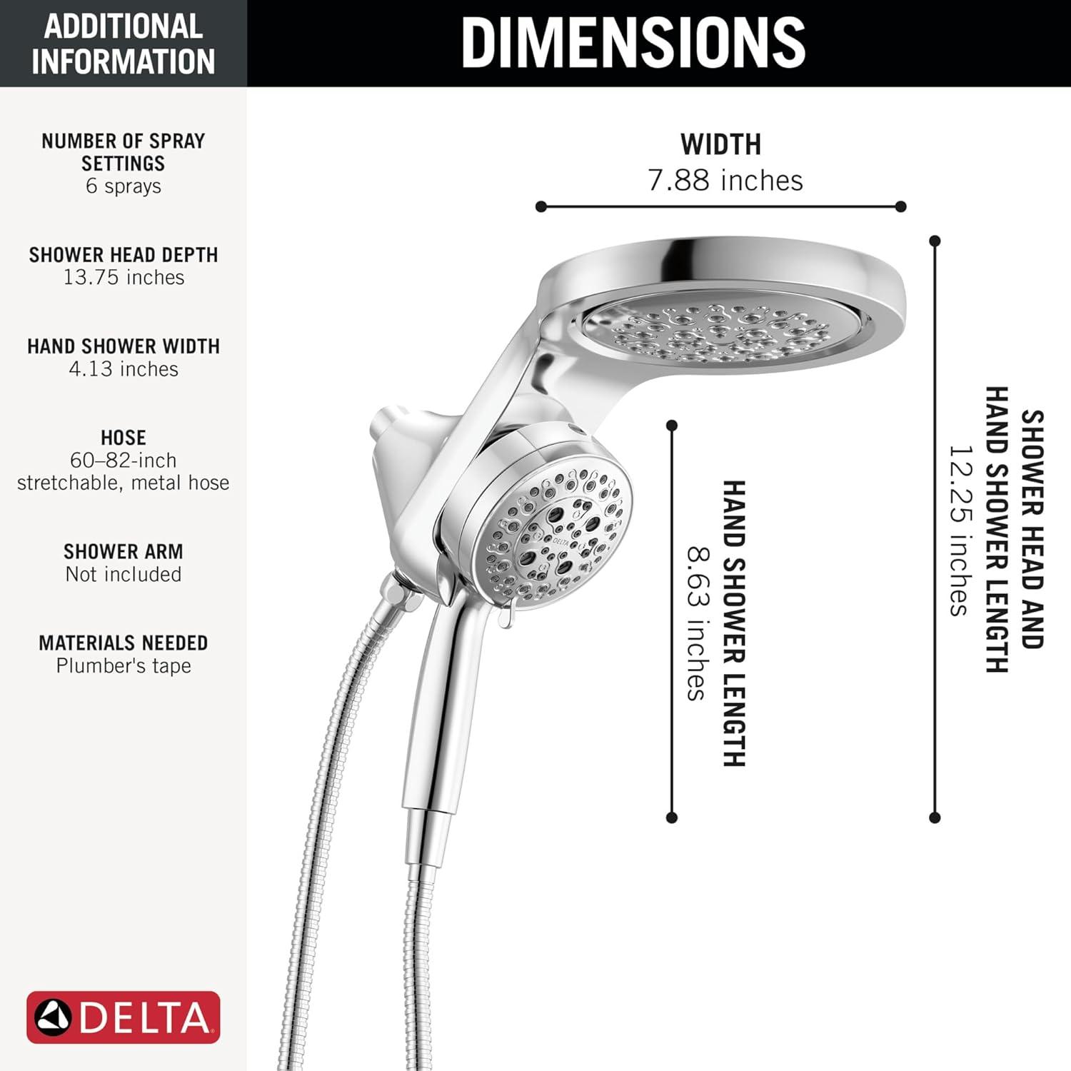 6-Setting HydroRain 2-in-1 Dual Shower Head with ProClean Spray, 1.75 GPM