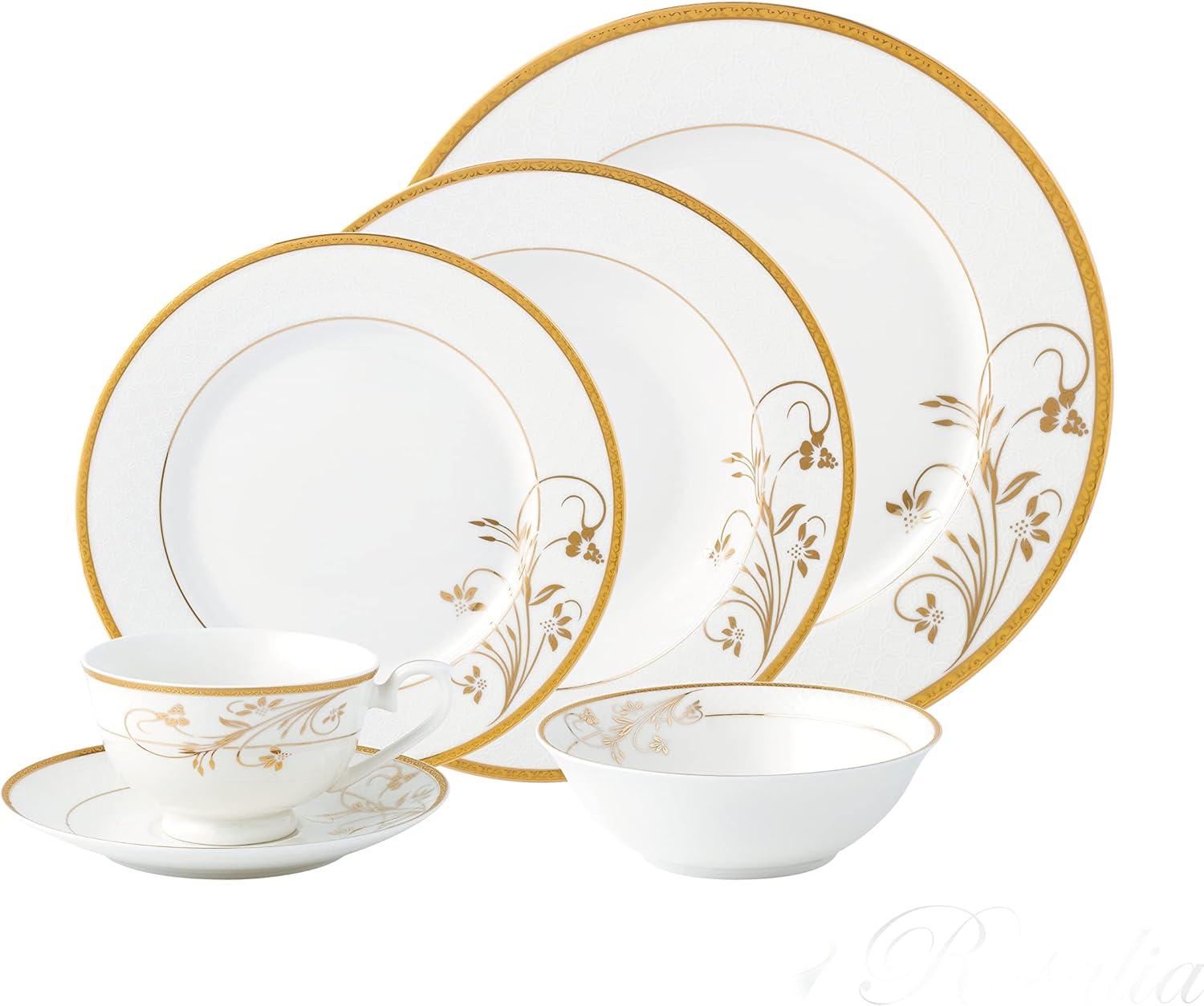 Rosalia Gold Floral Embossed Bone China Dinnerware Set, Service for 4