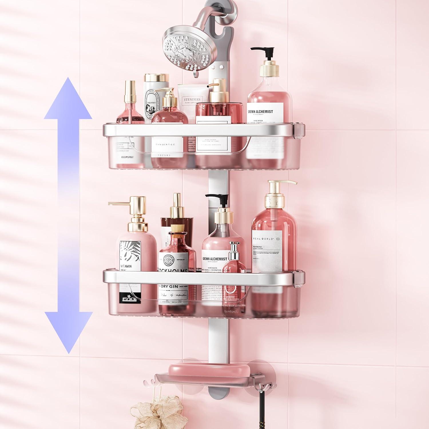 Rebrilliant Adjustable-Shower-Caddy-Hanging, Rust Proof Shower Hanging Organizer, 3-Tier Aluminum Alloy + ABS, Large Capacity Shower Caddy Over-The-Showerhead With Hooks, Razor Holder, Soap Dish