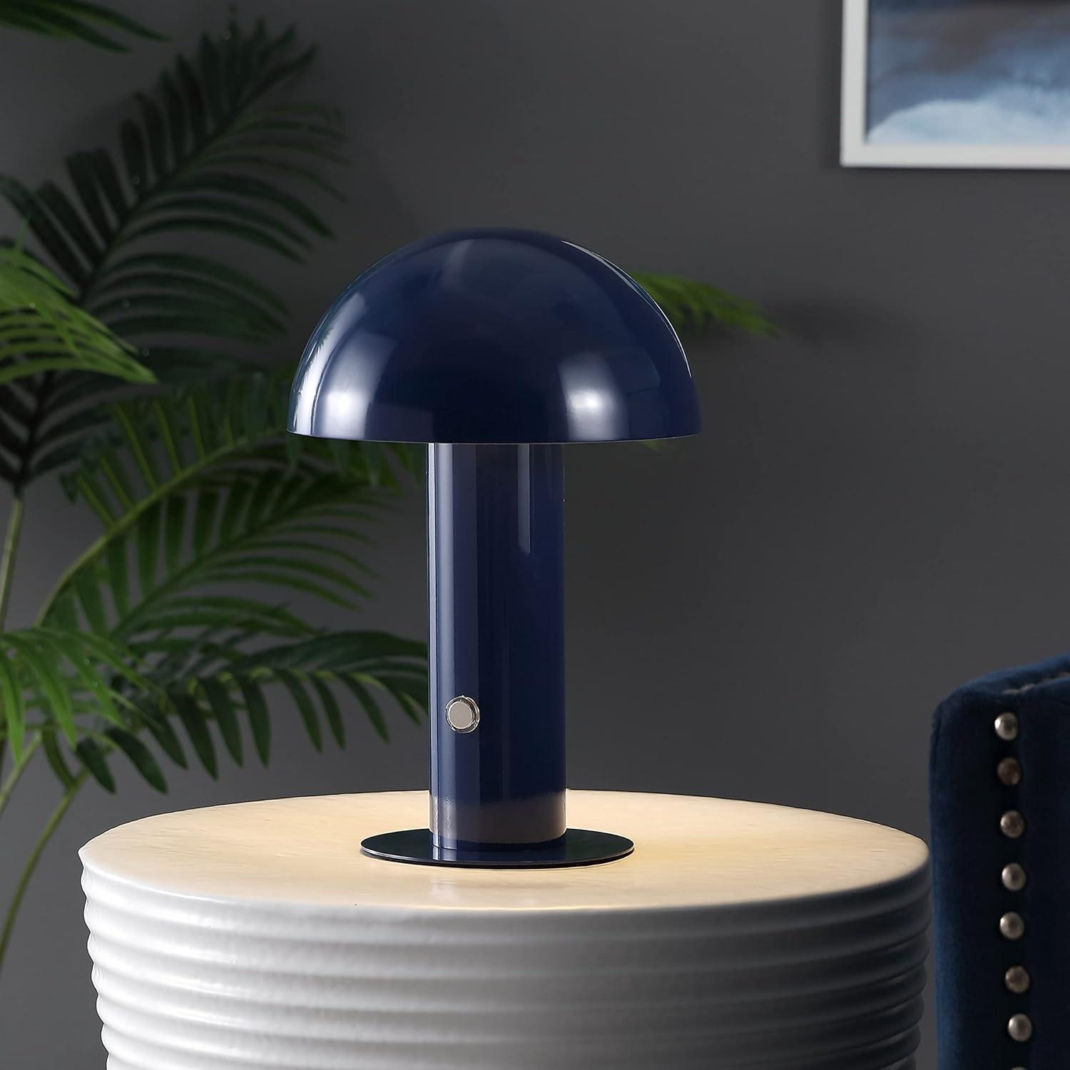 Boletus 10.75" Contemporary Bohemian Rechargeable/Cordless Iron Integrated Portable LED Mushroom Table Lamp, Navy