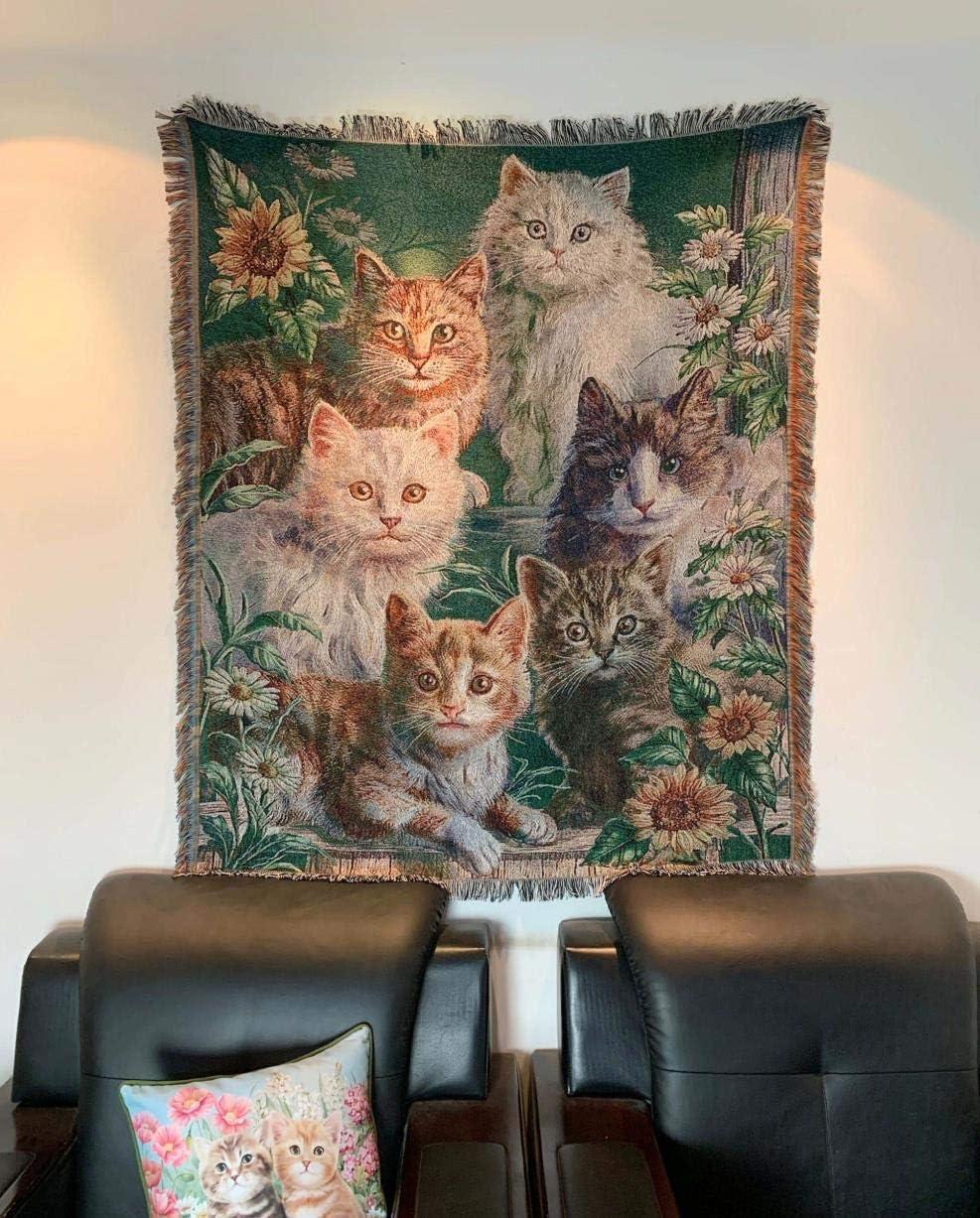 EZ.enjoy Garden Cat Flower Woven Tapestry Throw Blanket Wall Hanging Art Handicrafts Jacquard Multipurpose Soft Travel Mat Outdoor with Fringe Tassels 50 X 60 Inches