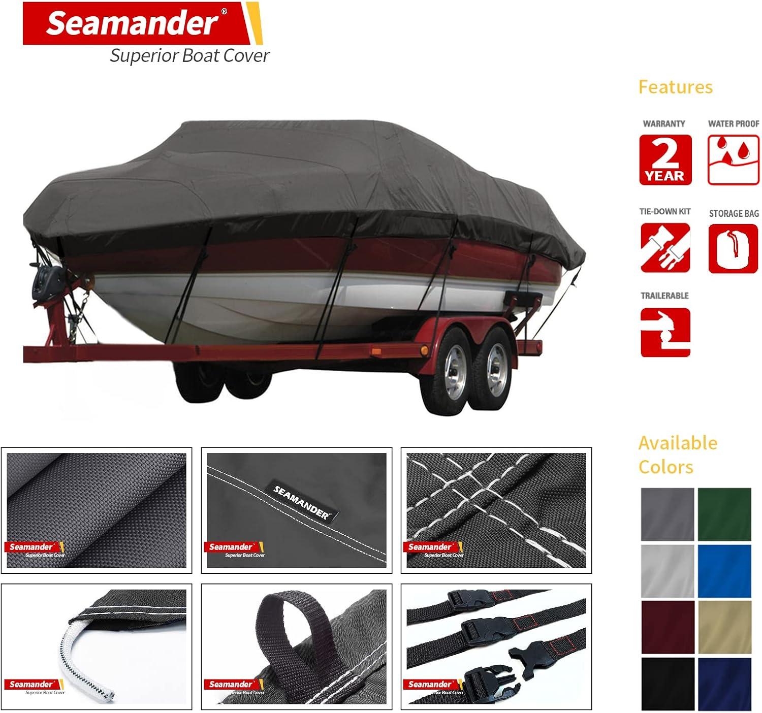 Seamander Solution Dye 600 Denier Heavy duty Waterproof Boat Cover, Fits boats 14'-16'L x 90"W, V-Hull Fishing Ski Boat Pro Bass Inboard Outboard Trailerable Boat Covers , Dark Gray