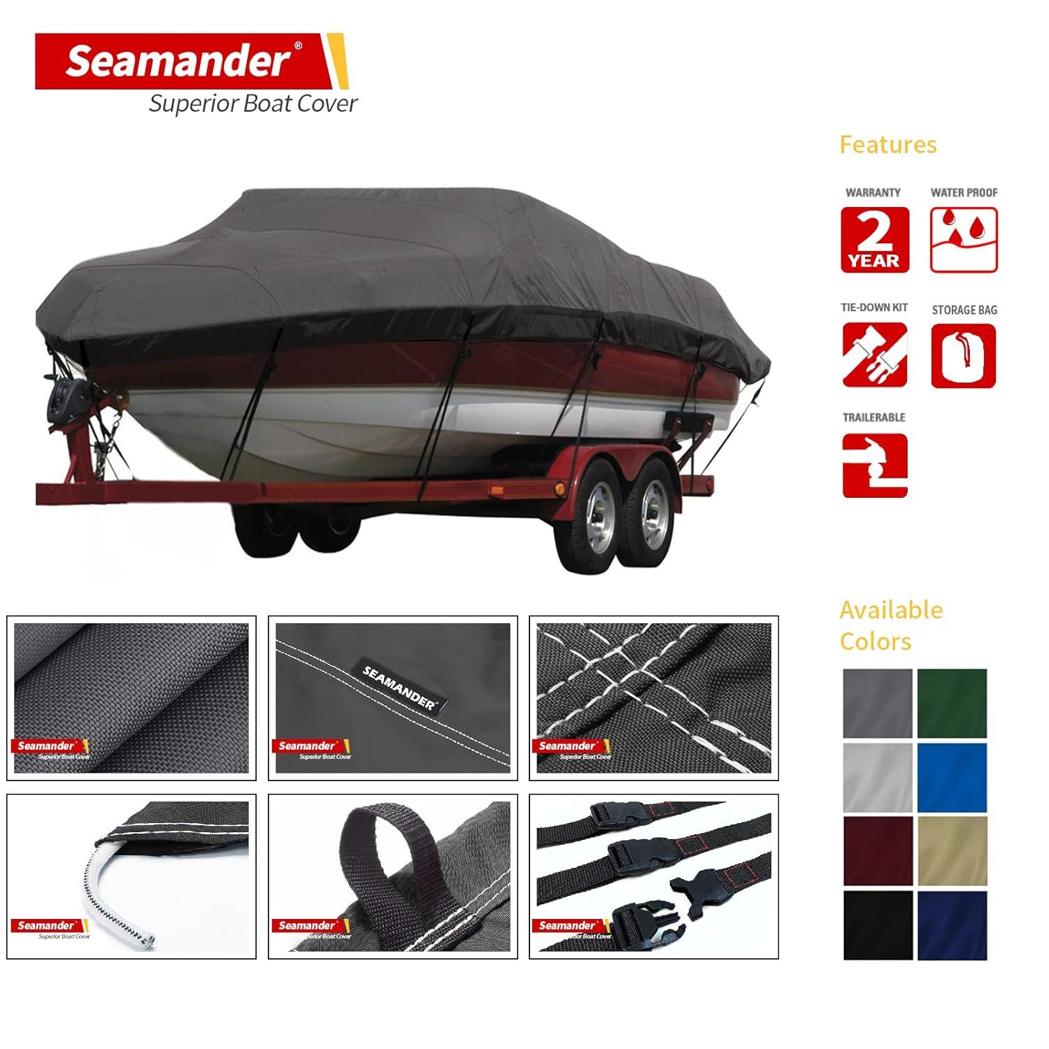 Seamander Solution Dye 600 Denier Heavy duty Waterproof Boat Cover, Fits boats 14'-16'L x 90"W, V-Hull Fishing Ski Boat Pro Bass Inboard Outboard Trailerable Boat Covers , Dark Gray