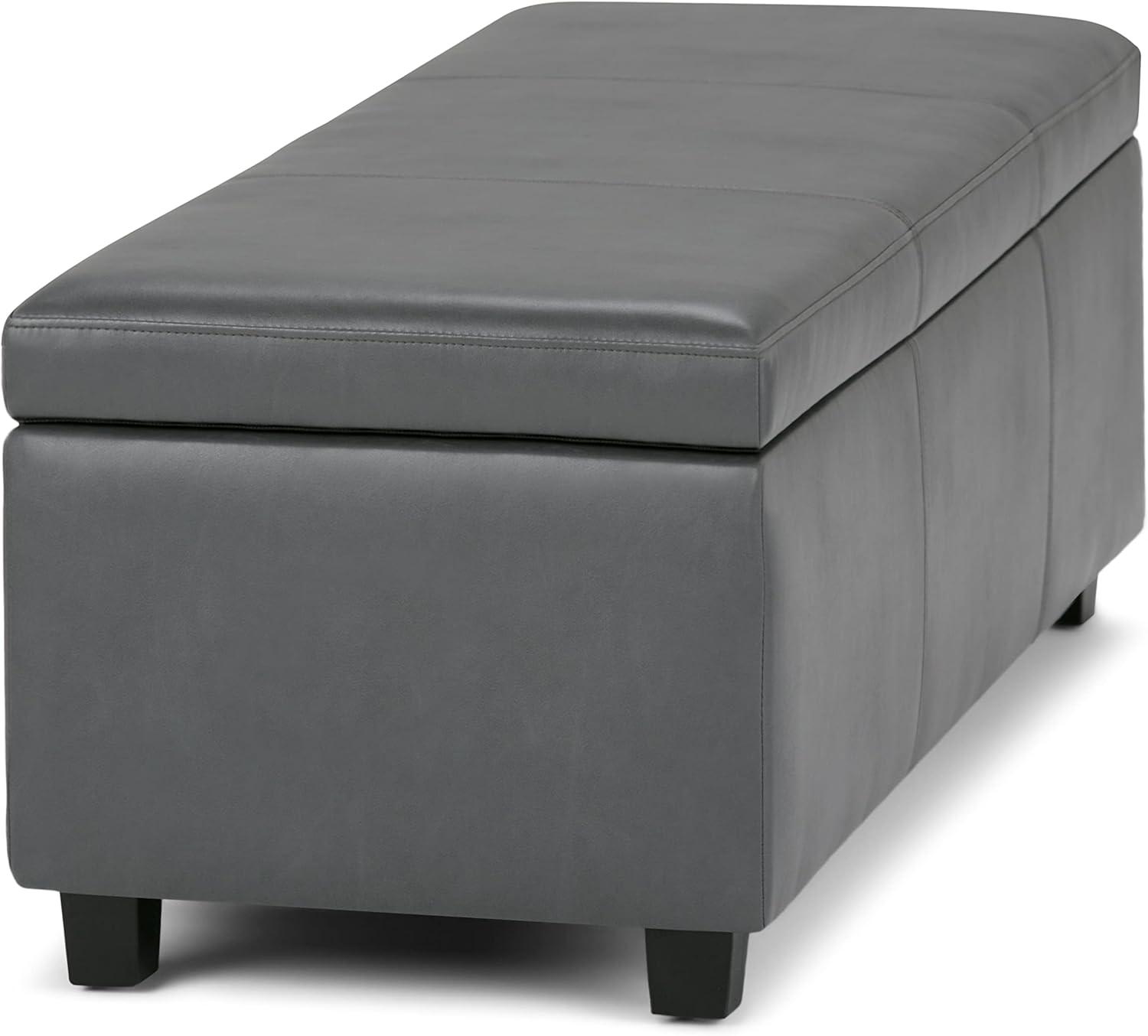 Avalon 48" W Rectangle Storage Ottoman Bench in Stone Gray Faux Leather