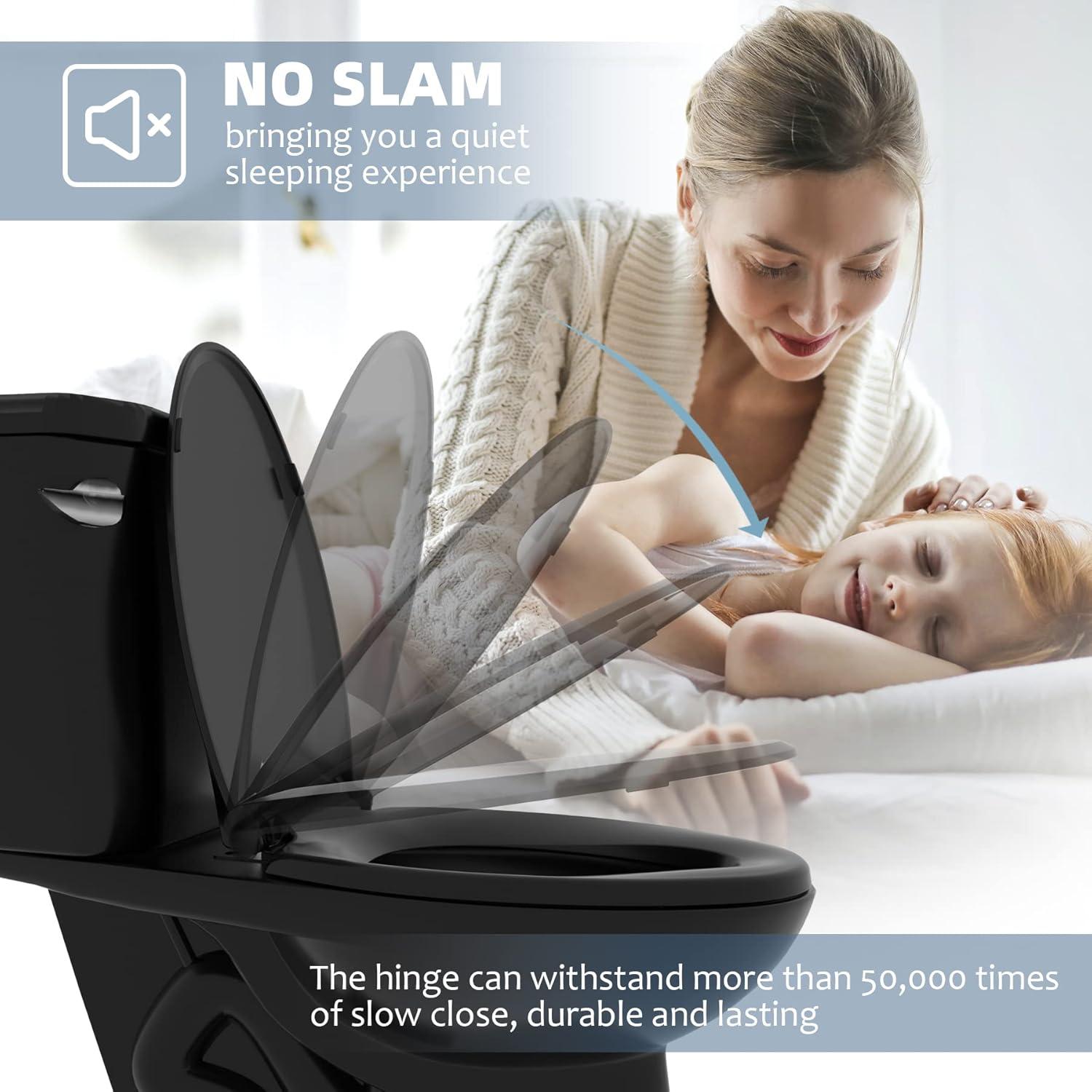 Elongated Toilet Seat, Slow Soft Close, Oval(Oblong) Toilet Seat For Elongated Toilets, Quiet-Close Lid And Seat, Easy To Install And Clean, Never Loosen, Black(18.5)