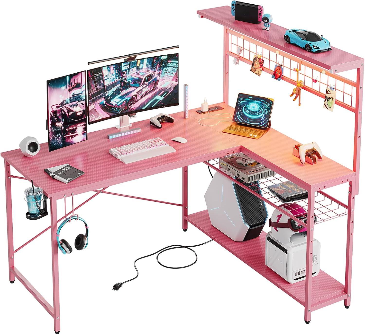 Bestier 51 L Shaped Gaming Desk with Power Outlets, LED Workstation with 4 Tiers Shelves for Home Office, Gamer Reversible Table with Hooks and Cup Holder,Carbon Fiber Pink