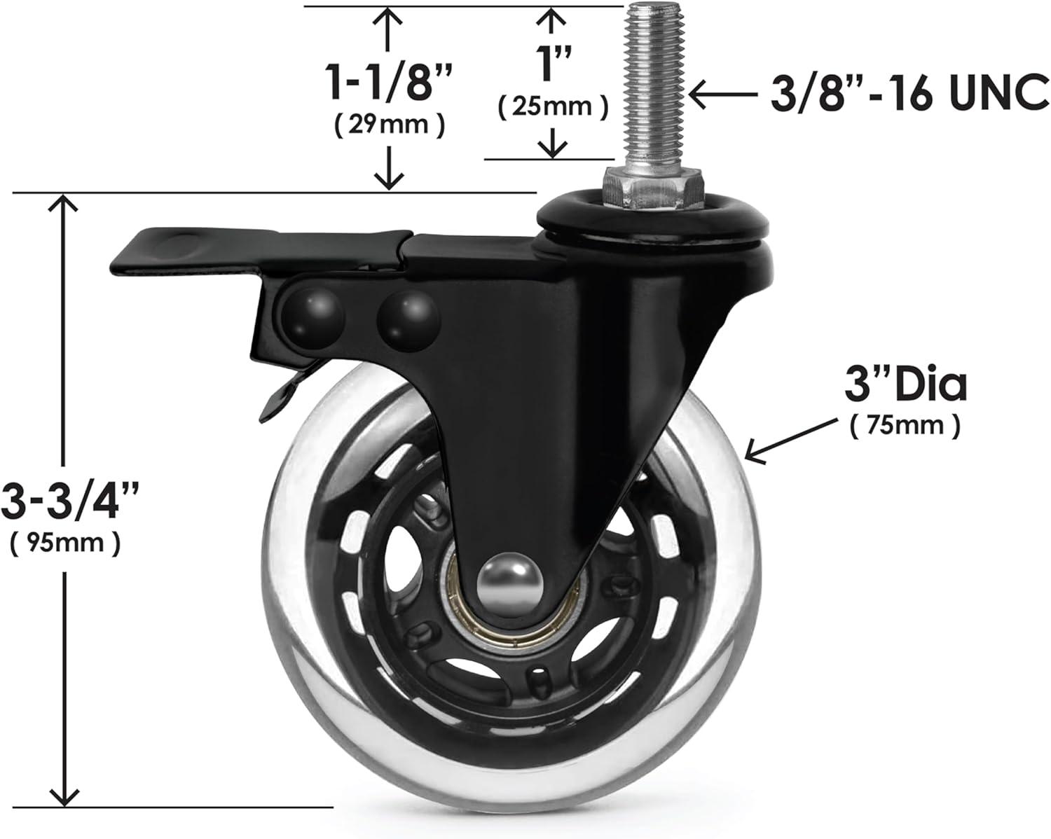 Slipstick CB693 Premium 3 Inch Rubber Caster Wheels with Brake (4 Pack) Replacement Rollerblade Style Swivel Casters with 3/8”– 16x1” Threaded Stem, Includes Mounting Hardware, Black / Clear Castor